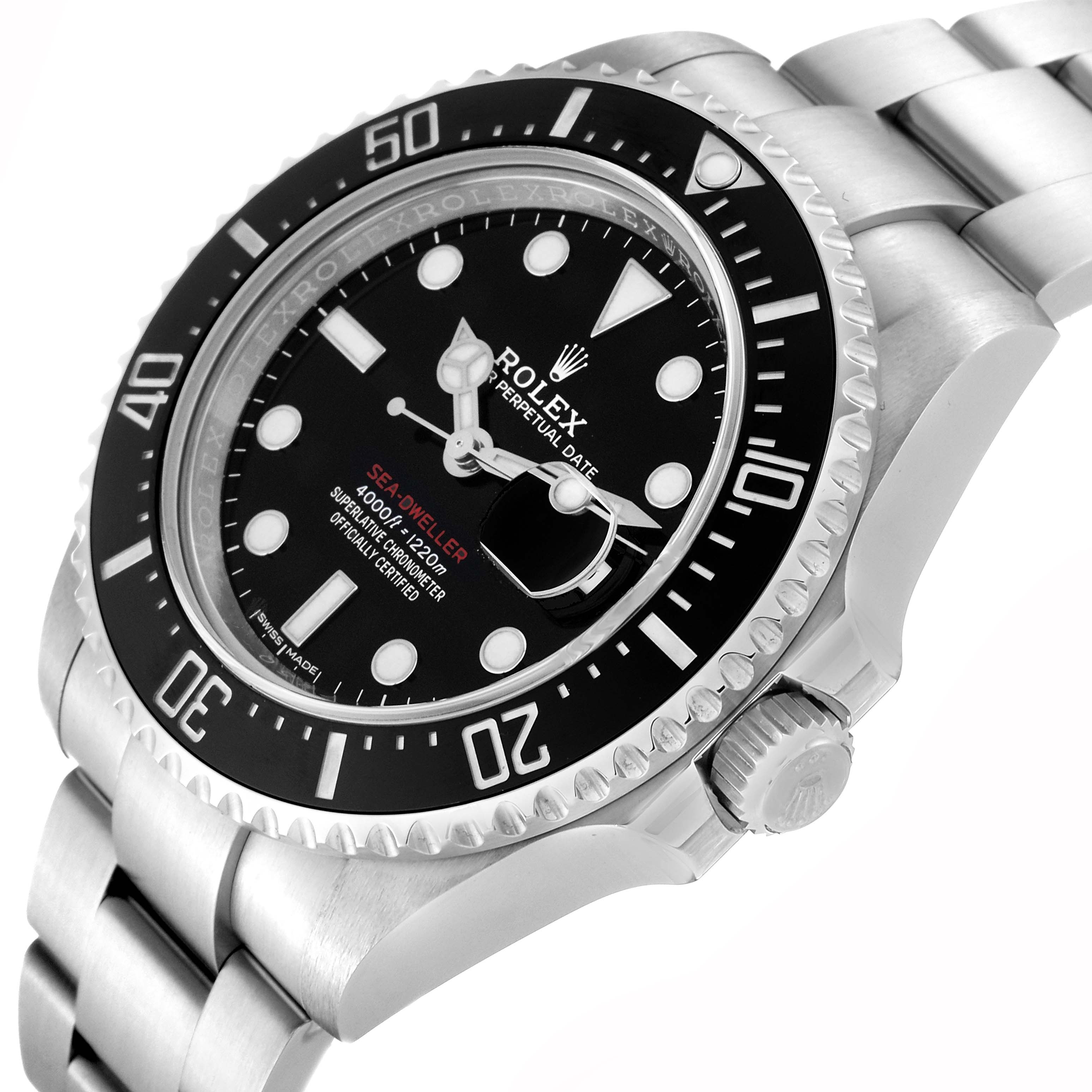 The image shows a close-up angled view of a Rolex Sea-Dweller 126600 Men
s Stainless Steel Black Dial 126600 Men
s Stainless Steel Black Dial watch, highlighting the bezel, dial, and part of the bracelet.