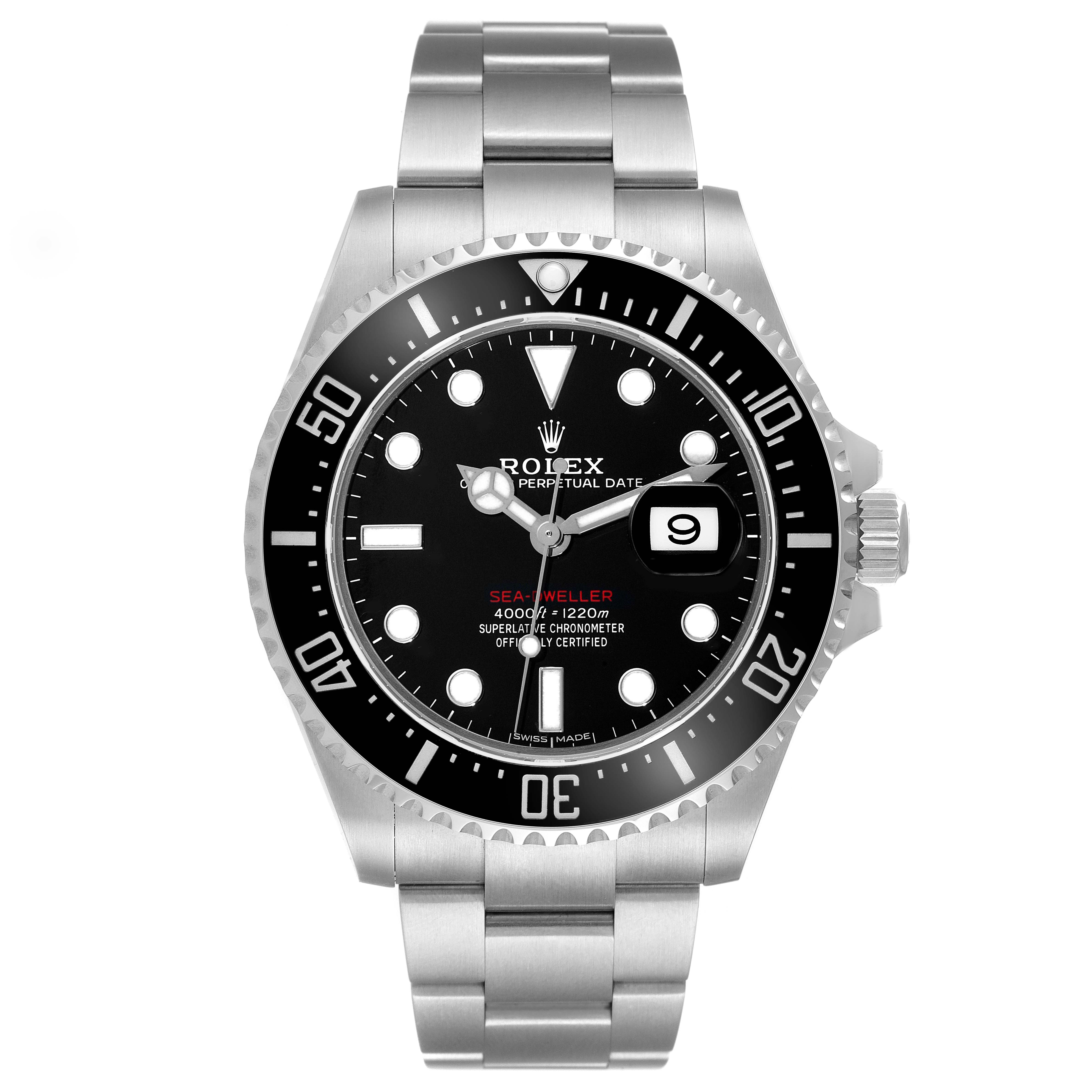 The Sea-Dweller Rolex watch is shown from the front, displaying its dial, bezel, crown, and bracelet.