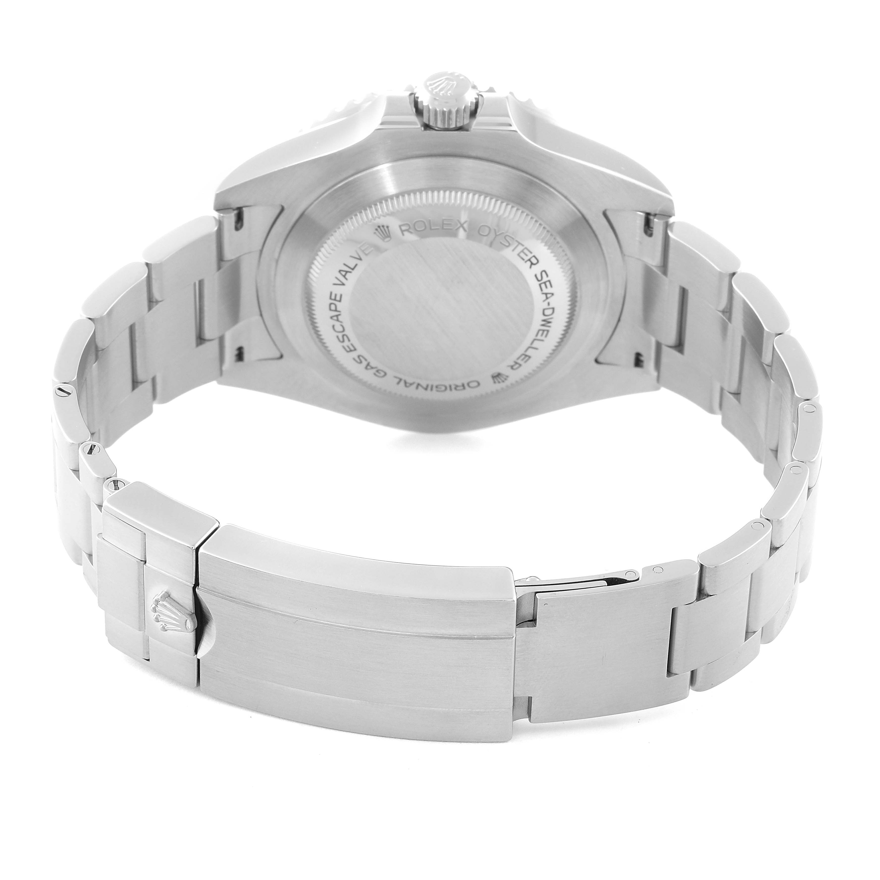 The image shows the back view of a Rolex Sea-Dweller 126600 Men
s Stainless Steel Black Dial 126600 Men
s Stainless Steel Black Dial watch, highlighting its case back and stainless steel bracelet.