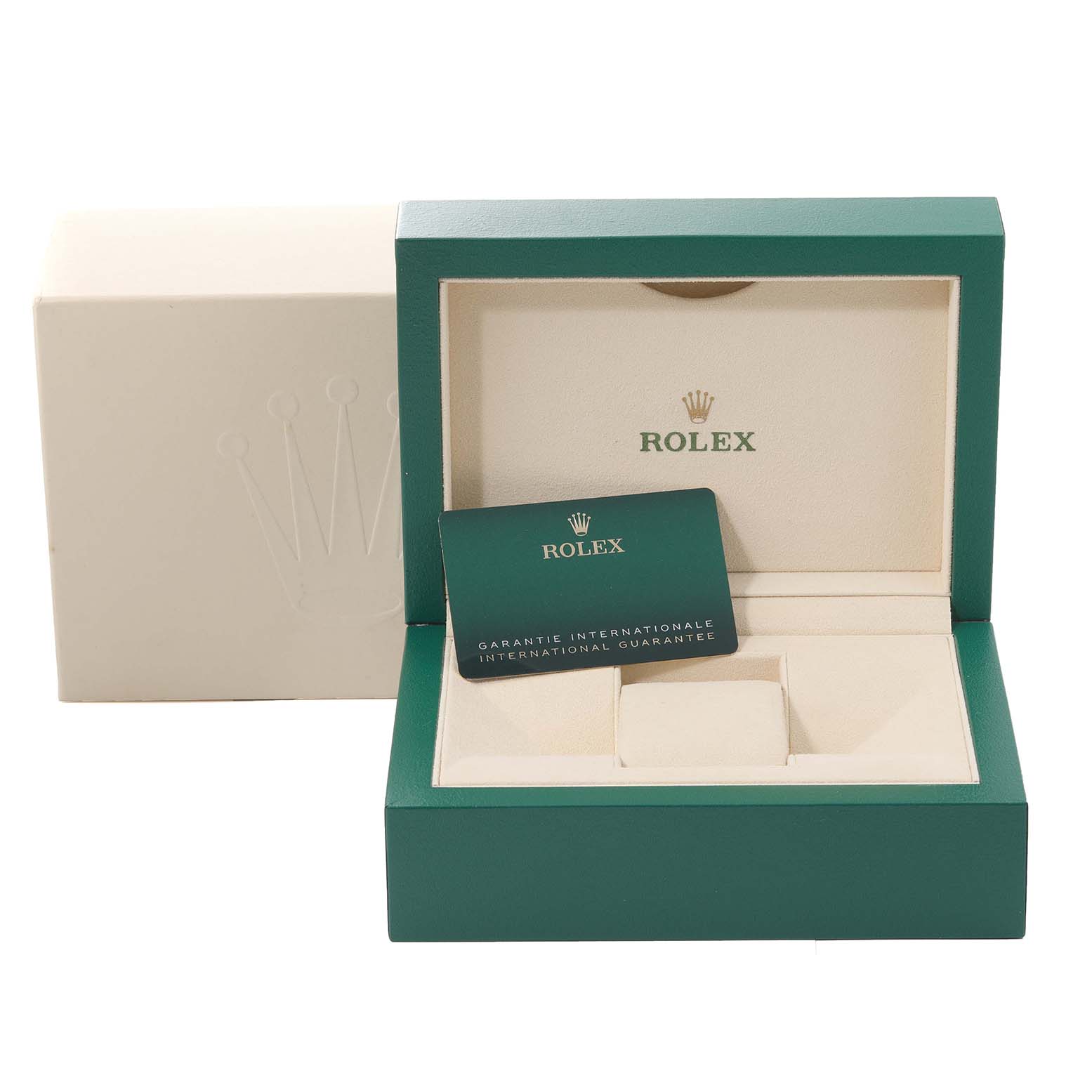The image shows the open box and guarantee card for the Rolex Sea-Dweller 126603 Men
s Steel and Gold (two tone) Black Dial 126603 Men
s Steel and Gold (two tone) Black Dial watch.