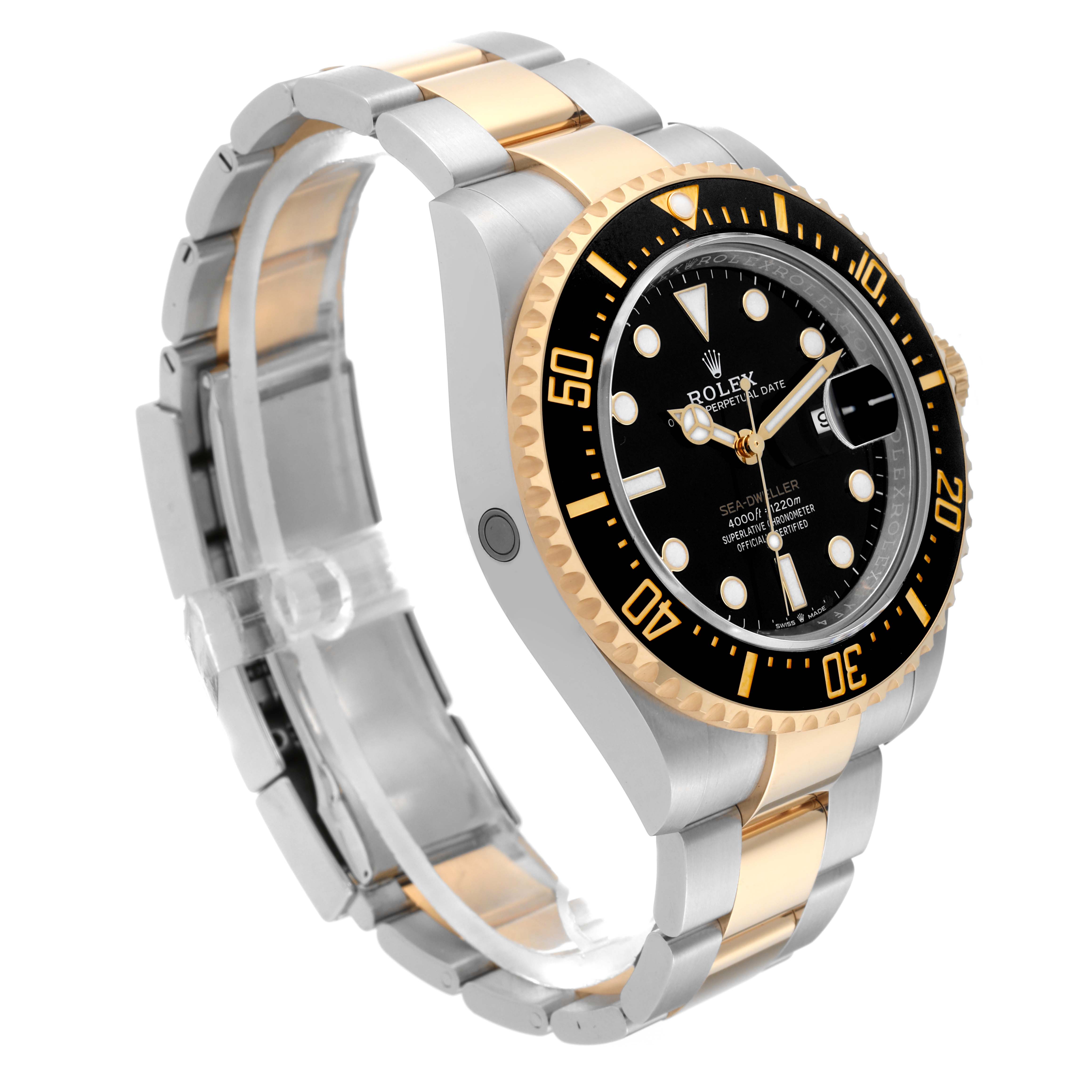 The Rolex Sea-Dweller 126603 Men
s Steel and Gold (two tone) Black Dial 126603 Men
s Steel and Gold (two tone) Black Dial watch is shown from an angled side view, displaying its dial, bezel, and a portion of the bracelet.