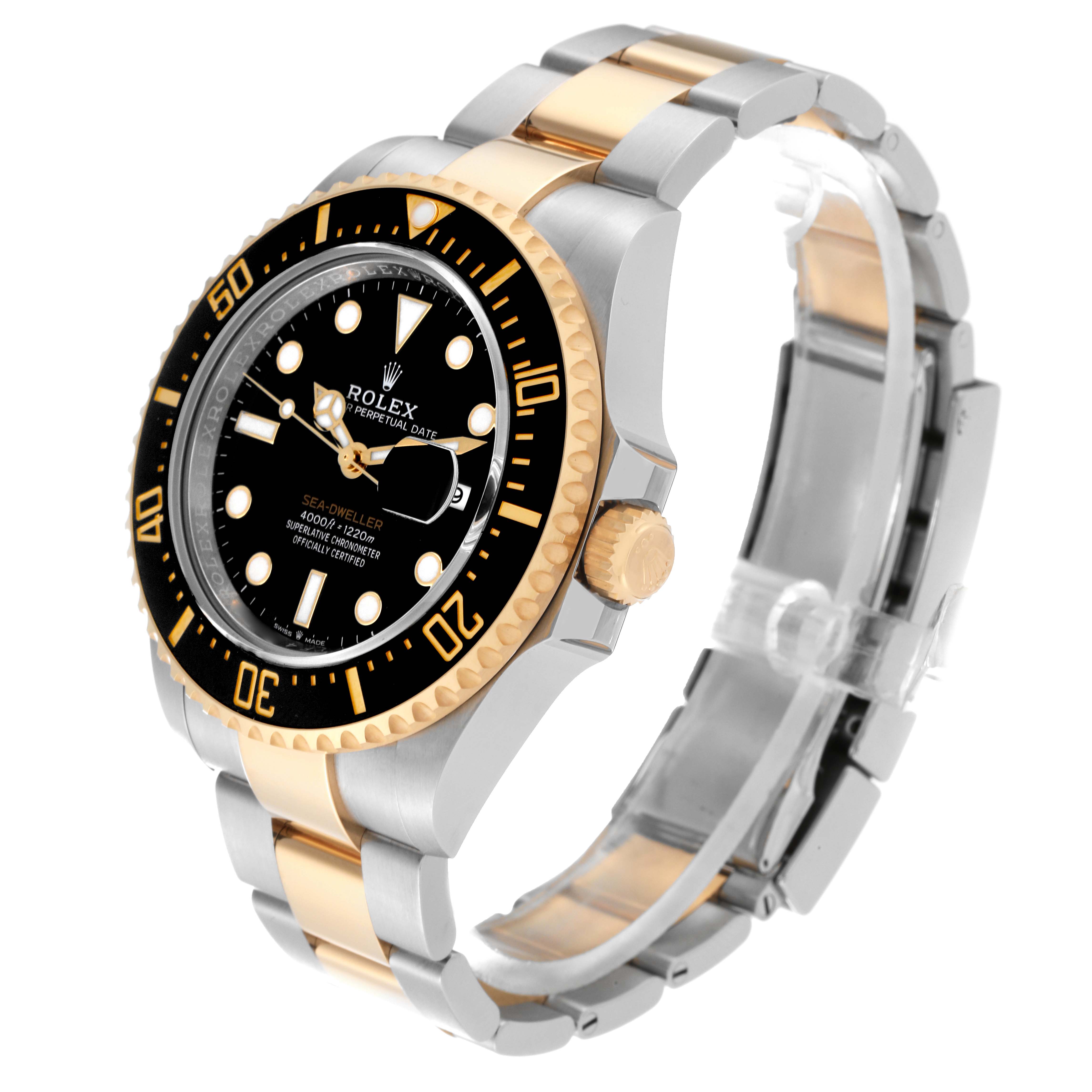 The image shows a Rolex Sea-Dweller 126603 Men
s Steel and Gold (two tone) Black Dial 126603 Men
s Steel and Gold (two tone) Black Dial watch at a three-quarter angle, highlighting its two-tone bracelet and black dial.