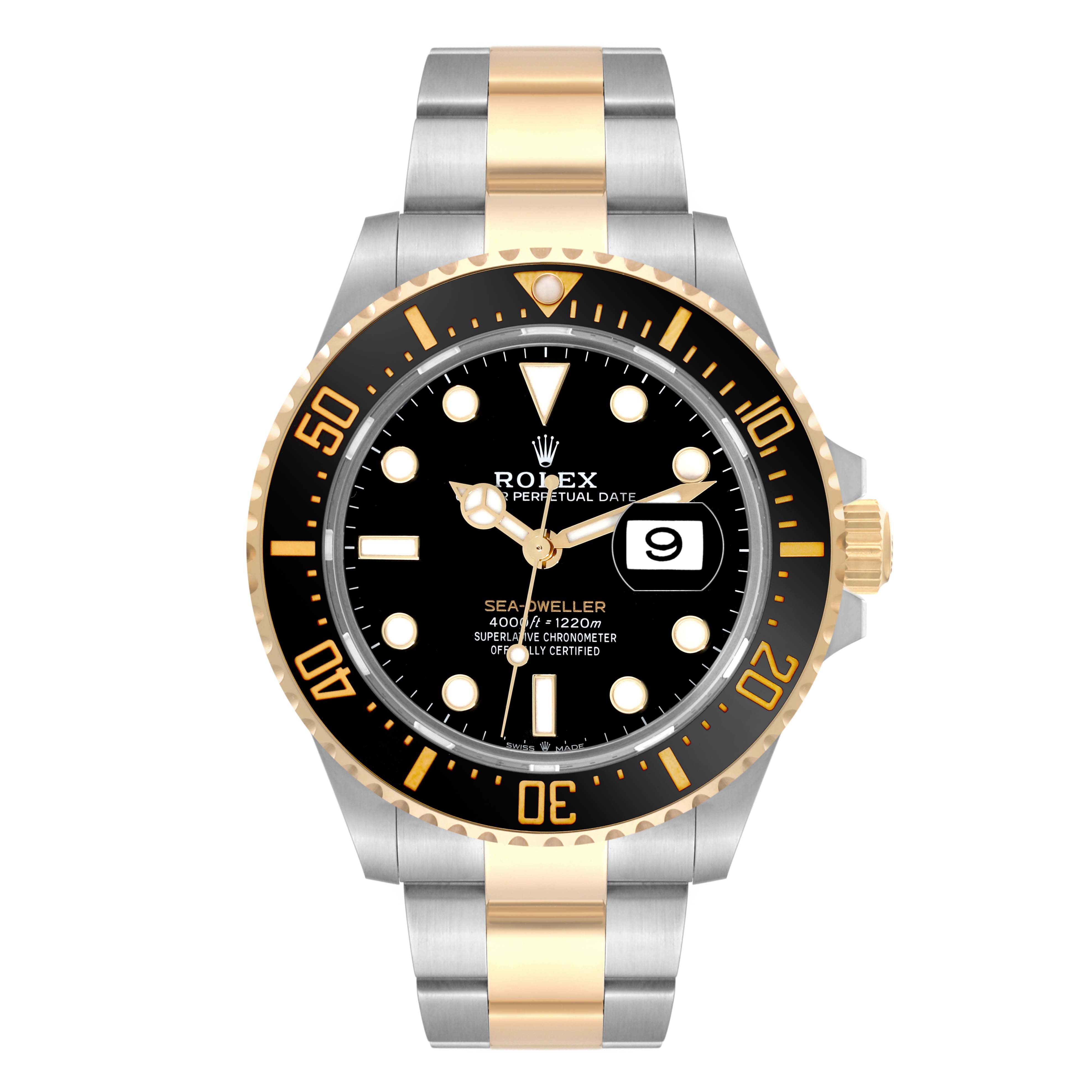 The Rolex Sea-Dweller 126603 Men
s Steel and Gold (two tone) Black Dial 126603 Men
s Steel and Gold (two tone) Black Dial watch is shown from a front angle, displaying its black dial, date window, bezel, and two-tone bracelet.