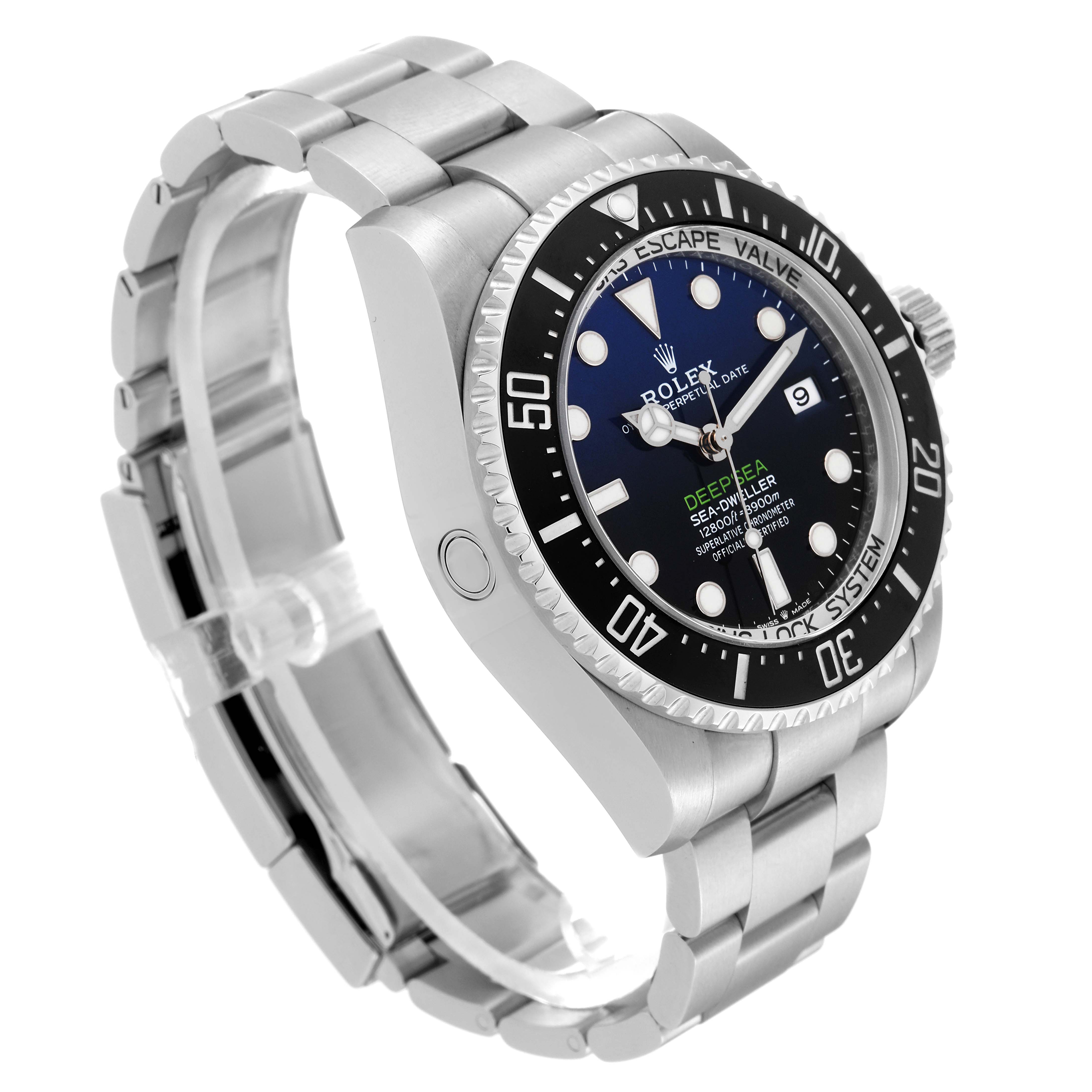 The image shows a side-angle view of a Rolex Sea-Dweller 136660 Men
s Stainless Steel Blue Dial 136660 Men
s Stainless Steel Blue Dial watch, highlighting its face, bezel, and stainless steel bracelet.