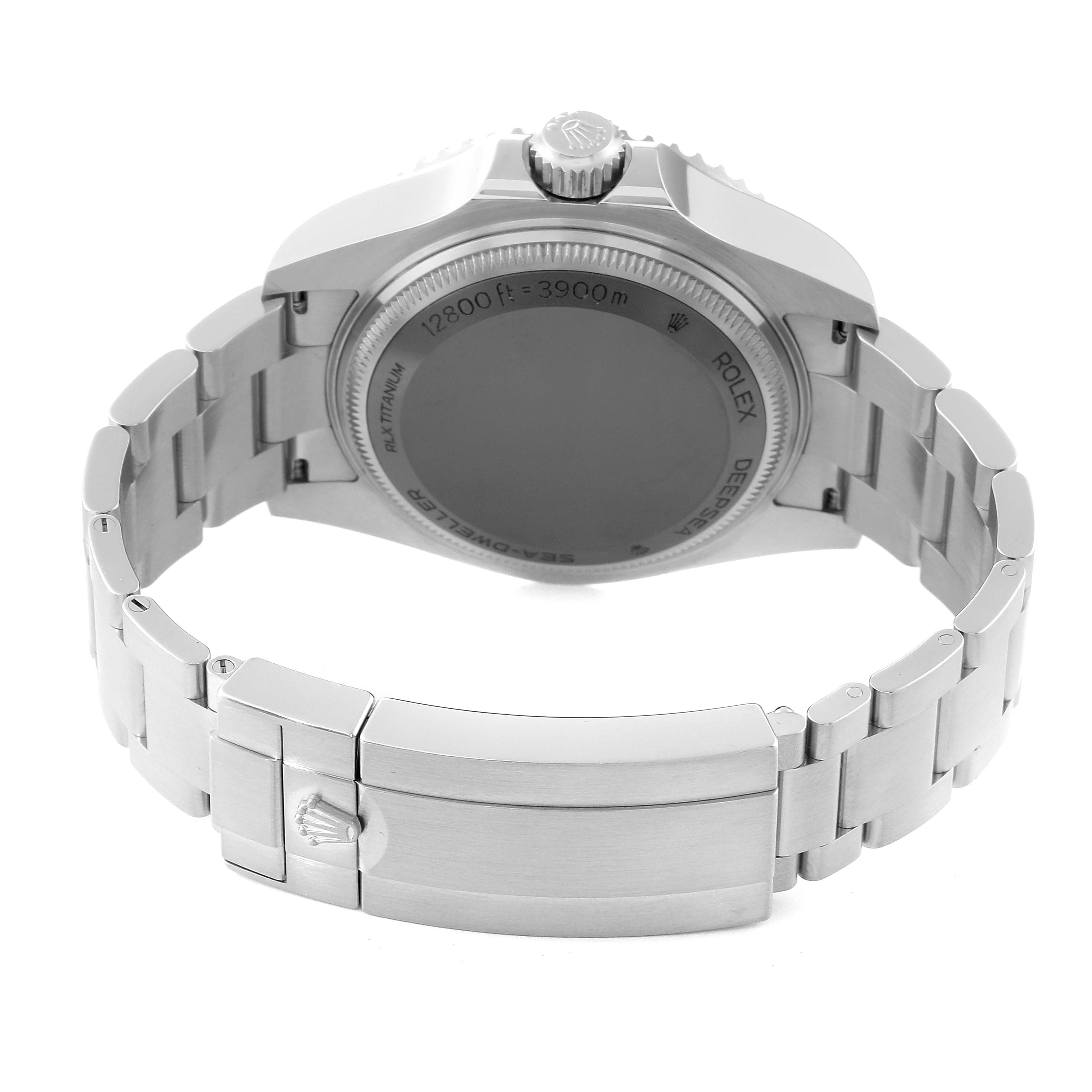 This image shows the back of the Rolex Sea-Dweller 136660 Men
s Stainless Steel Blue Dial 136660 Men
s Stainless Steel Blue Dial watch, highlighting its case back, crown, and bracelet clasp.