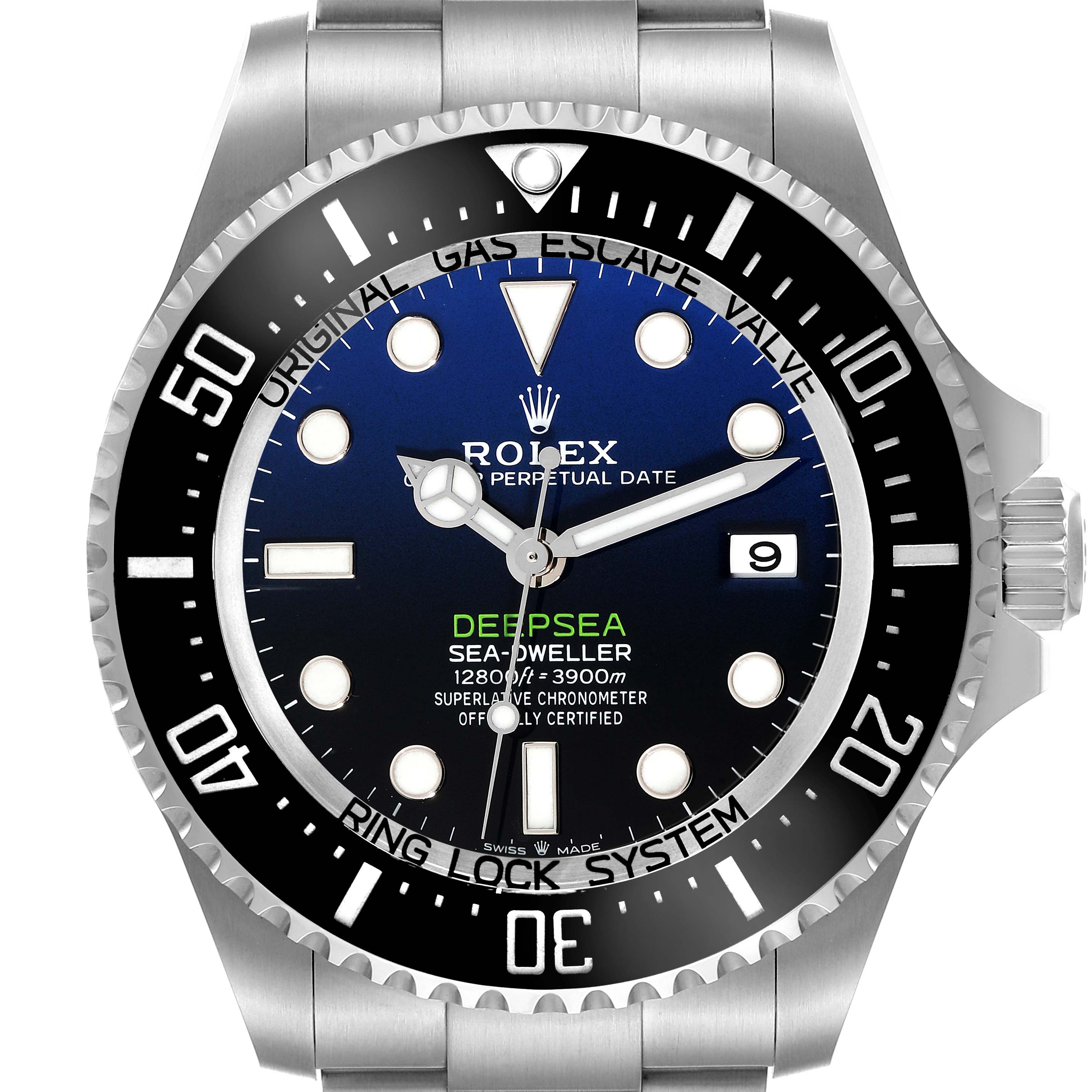 The image shows a front view of the Rolex Sea-Dweller 136660 Men
s Stainless Steel Blue Dial 136660 Men
s Stainless Steel Blue Dial Deepsea watch, displaying its dial, bezel, and part of the stainless steel bracelet.