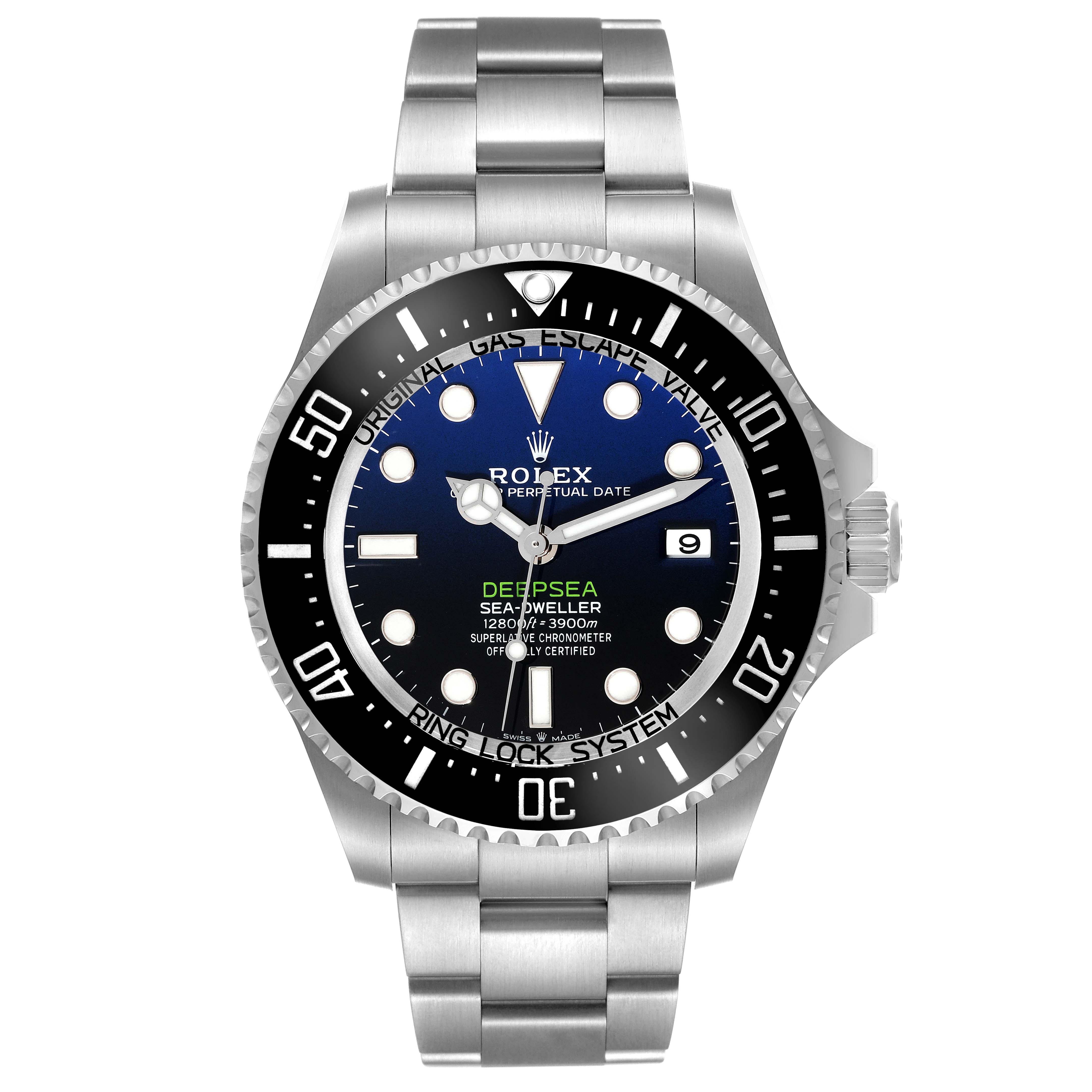 This image shows a front angle of a Rolex Sea-Dweller 136660 Men
s Stainless Steel Blue Dial 136660 Men
s Stainless Steel Blue Dial watch, displaying the bezel, dial, bracelet, and crown.