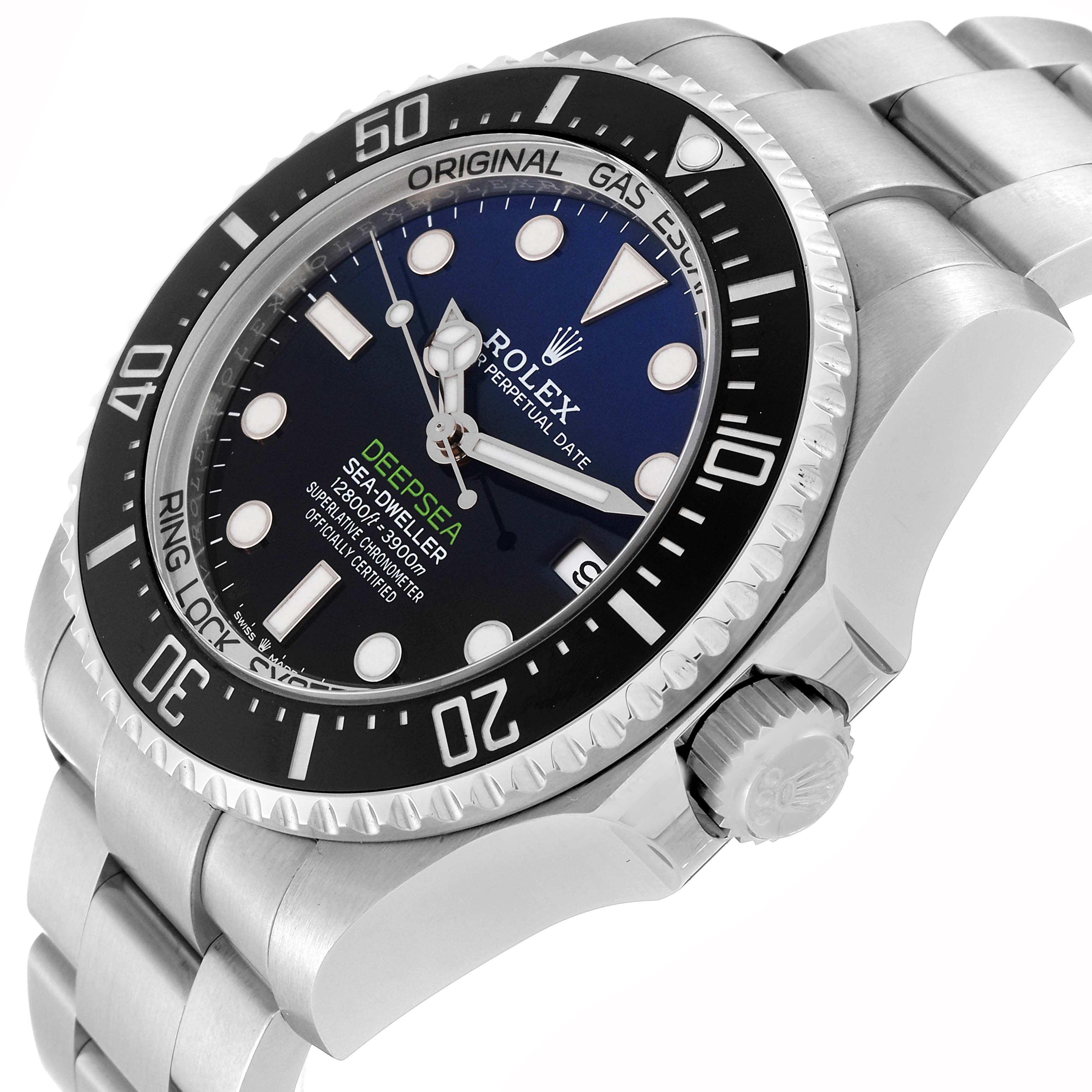 The image shows an angled view of a Rolex Sea-Dweller 136660 Men
s Stainless Steel Blue Dial 136660 Men
s Stainless Steel Blue Dial watch, highlighting the bezel, dial, bracelet, and crown.