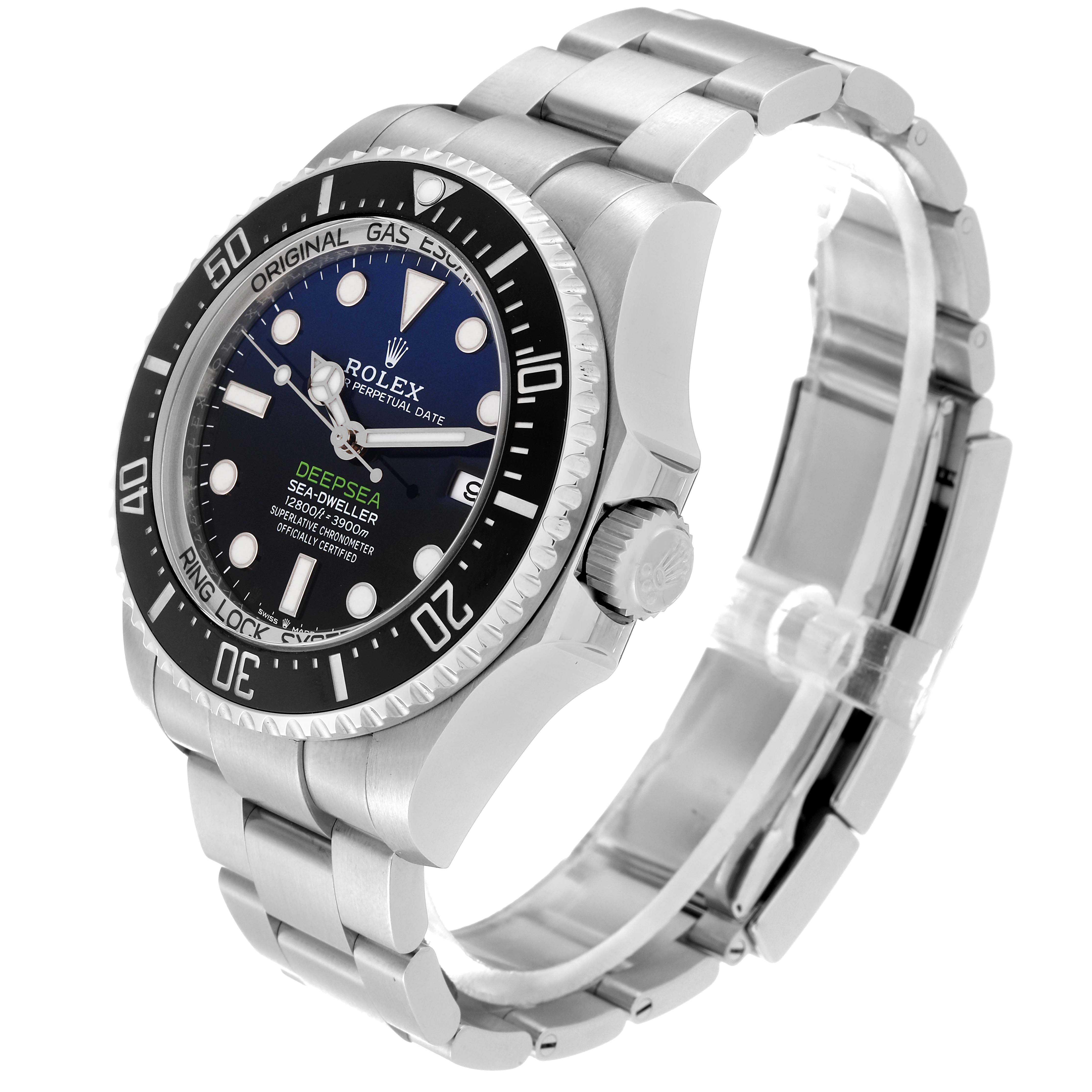 The image shows a side view of the Rolex Sea-Dweller 136660 Men
s Stainless Steel Blue Dial 136660 Men
s Stainless Steel Blue Dial watch, highlighting the bezel, dial, case, and bracelet.