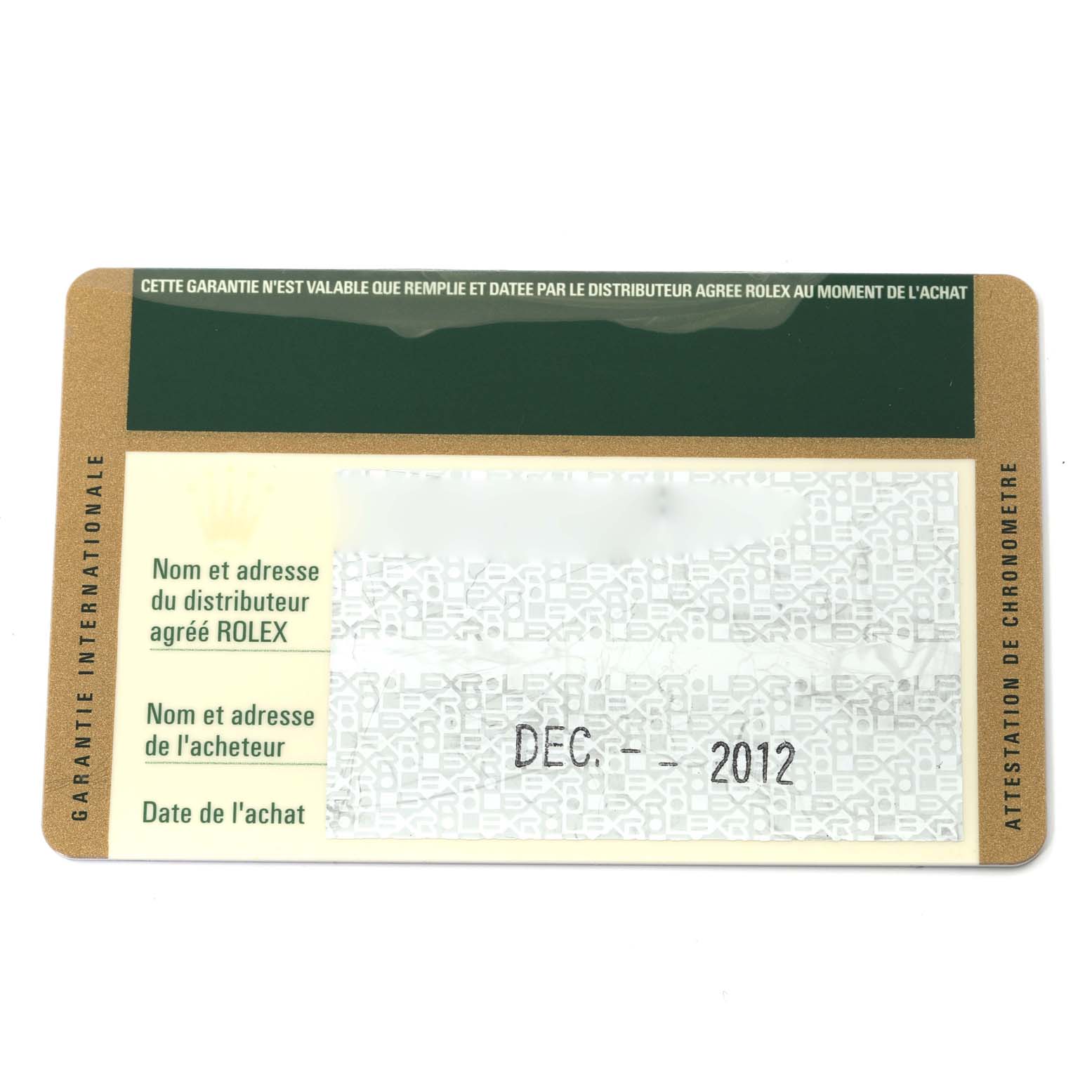 This image shows the warranty card for the Rolex Sea-Dweller 116660 Men
s Stainless Steel Black Dial 116660 Men
s Stainless Steel Black Dial watch, featuring dealer and buyer information fields.