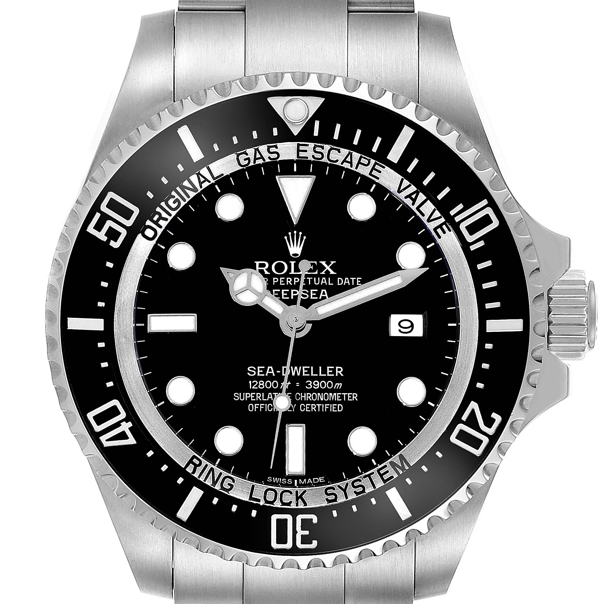 The image shows a front view of the Rolex Sea-Dweller 116660 Men
s Stainless Steel Black Dial 116660 Men
s Stainless Steel Black Dial watch, highlighting its bezel, dial, and bracelet parts.