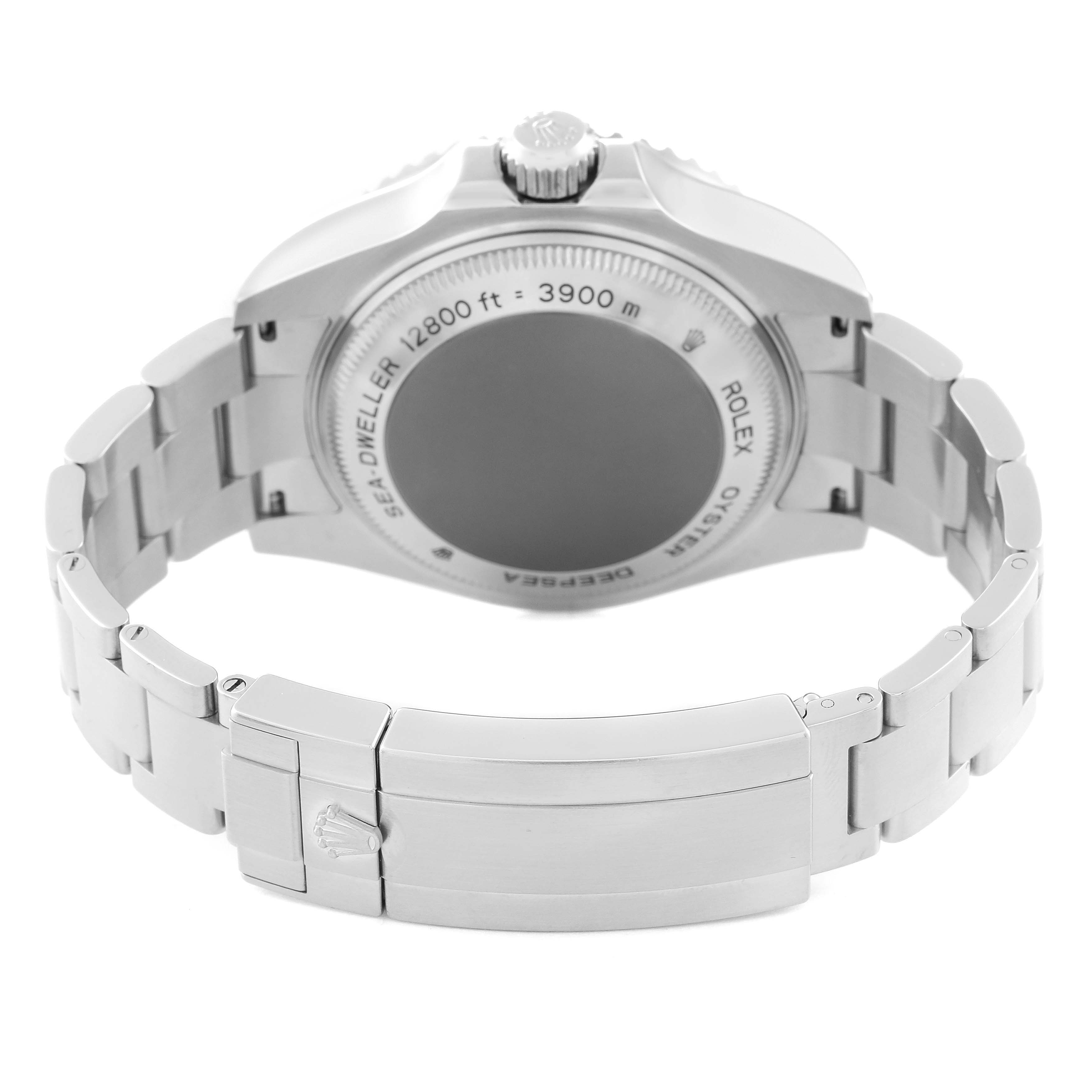 The image shows a rear view of the Rolex Sea-Dweller 116660 Men
s Stainless Steel Black Dial 116660 Men
s Stainless Steel Black Dial model, highlighting the case back and stainless steel bracelet.