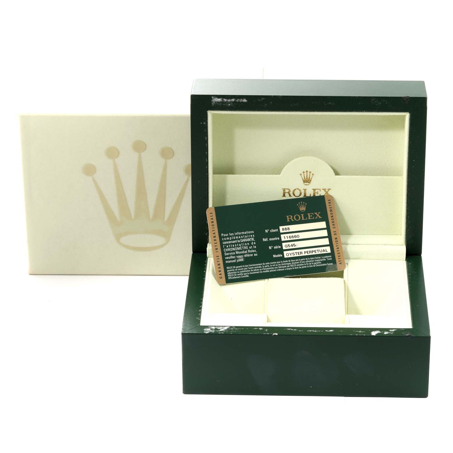 The image shows an open Rolex watch box for the Sea-Dweller model with its warranty card.