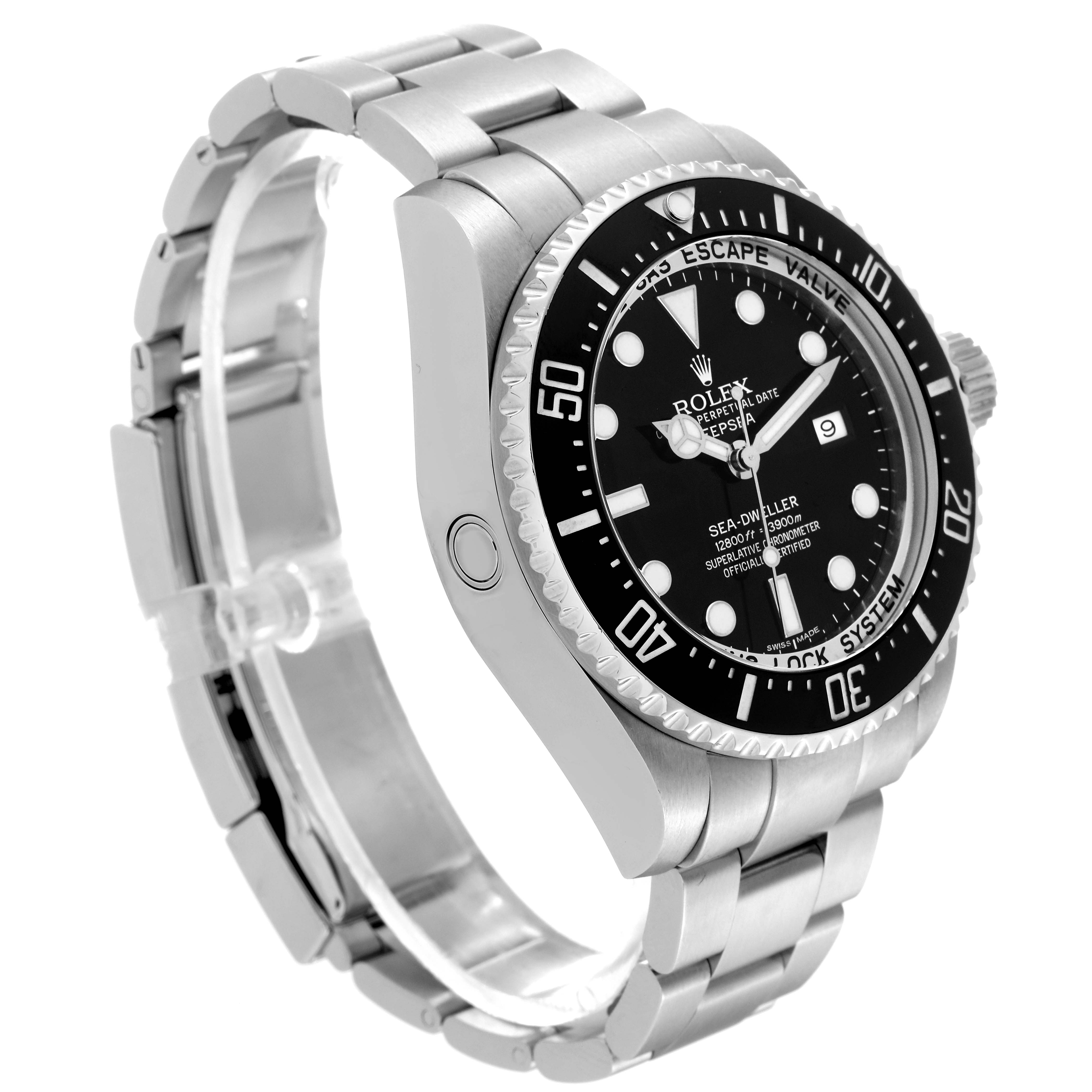 The image shows a side angle of a Rolex Sea-Dweller 116660 Men
s Stainless Steel Black Dial 116660 Men
s Stainless Steel Black Dial watch, highlighting the dial, bezel, and part of the metal bracelet.