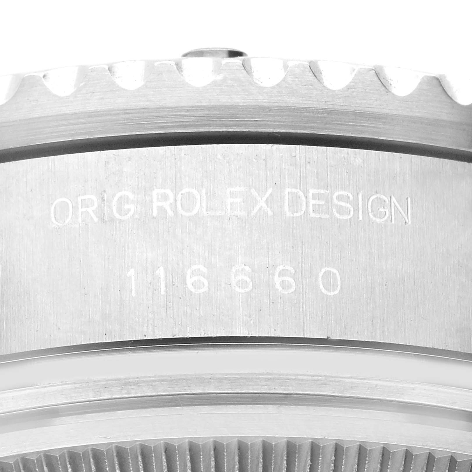 The image shows a close-up view of the case side with engraving on the Rolex Sea-Dweller 116660 Men
s Stainless Steel Black Dial 116660 Men
s Stainless Steel Black Dial watch.