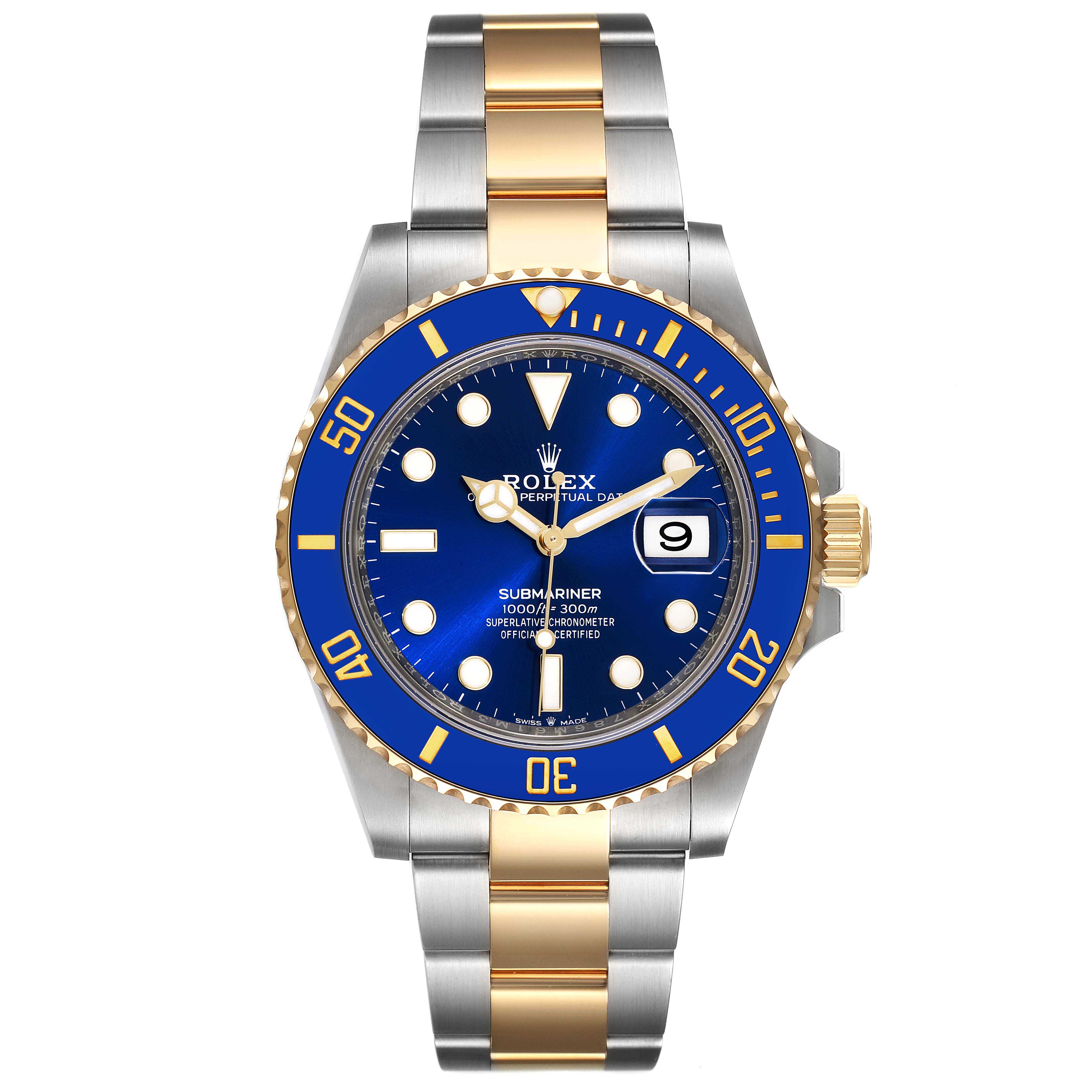 This image shows a front view of a Rolex Submariner 126613 Men's Steel and Gold (two tone) Blue Dial 126613 Men's Steel and Gold (two tone) Blue Dial model, highlighting its blue dial, gold and silver bracelet, and date window.