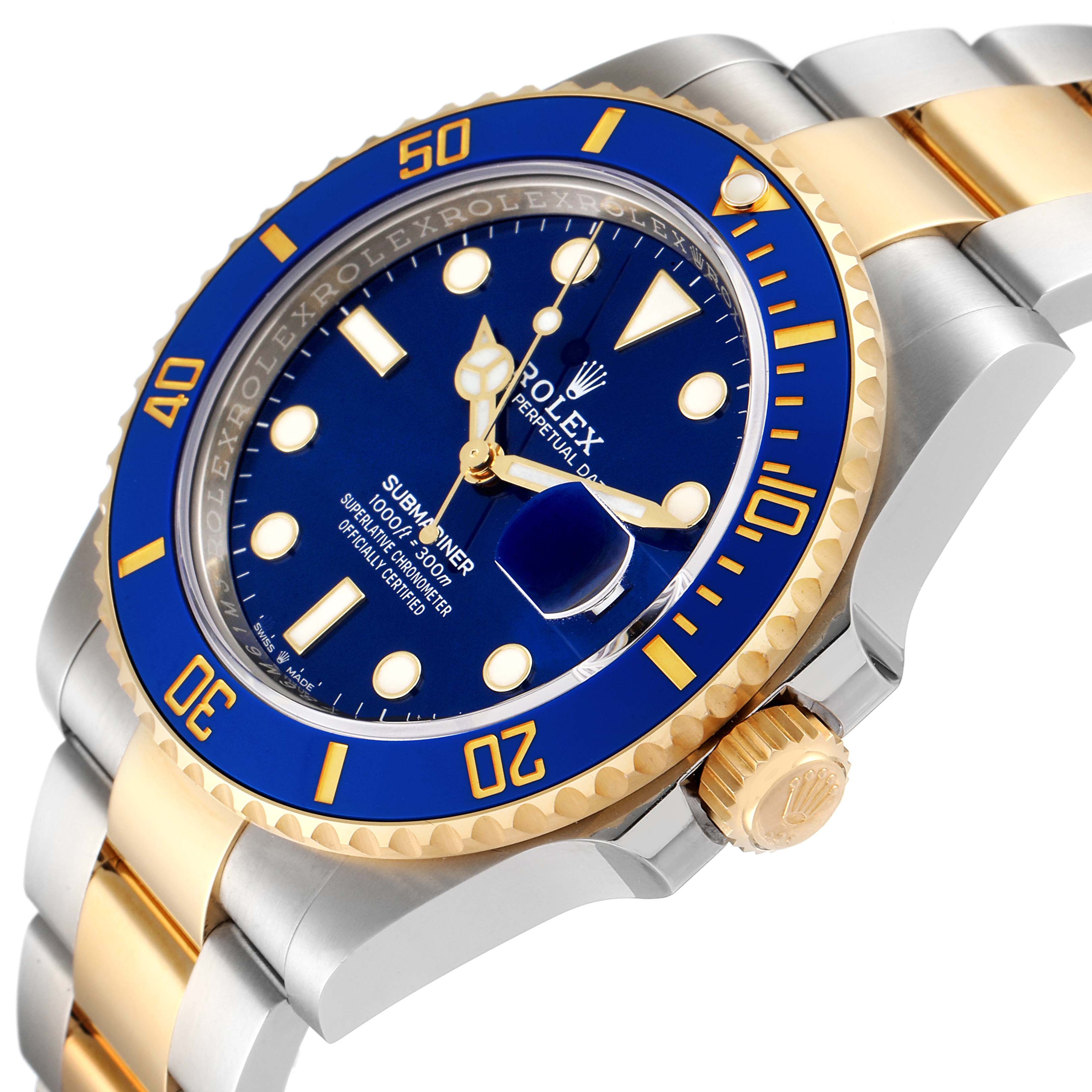 The image shows a close-up angle of the Rolex Submariner 126613 Men's Steel and Gold (two tone) Blue Dial 126613 Men's Steel and Gold (two tone) Blue Dial watch featuring its blue dial, gold bezel, and two-tone metal strap.