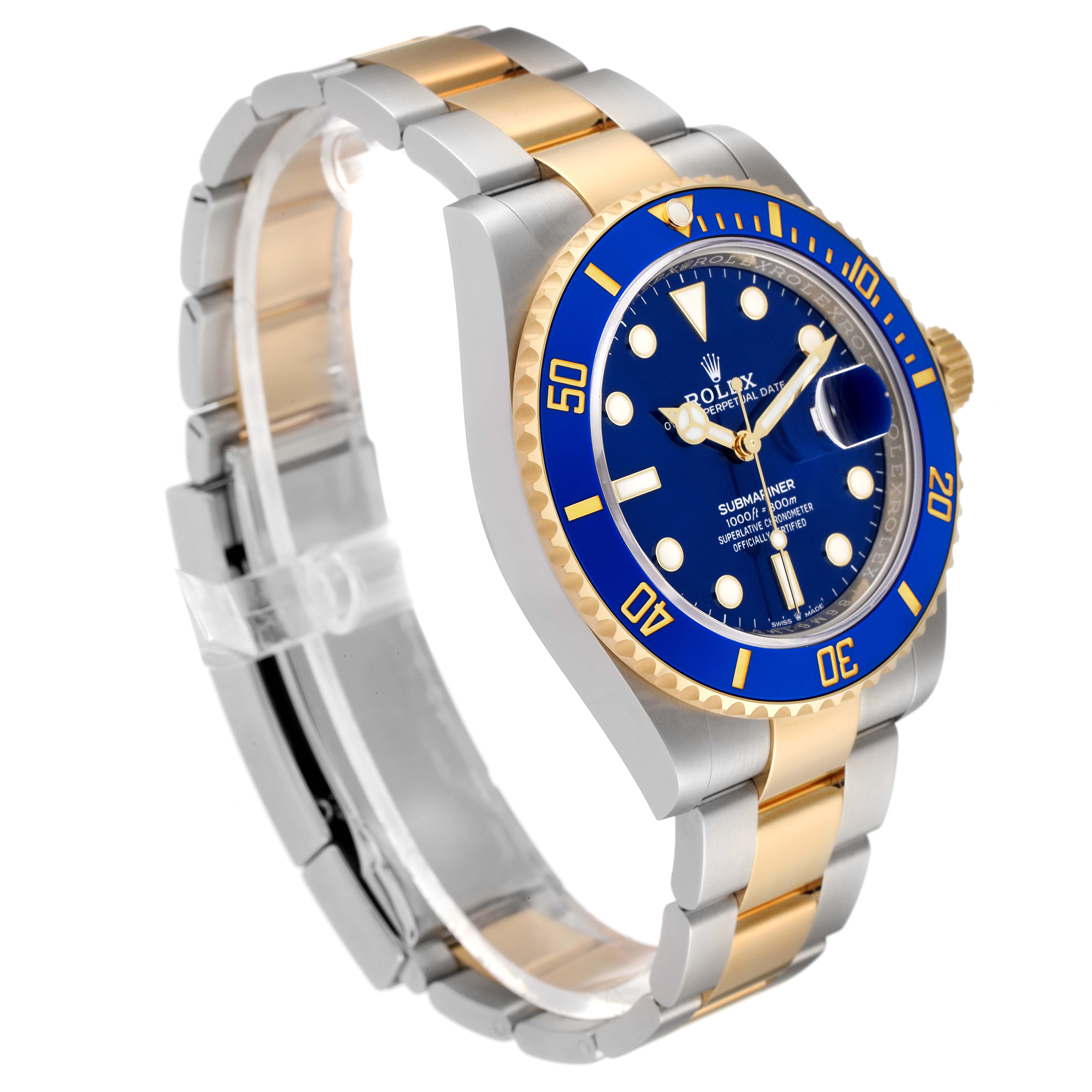 This image shows a Rolex Submariner 126613 Men's Steel and Gold (two tone) Blue Dial 126613 Men's Steel and Gold (two tone) Blue Dial watch with a blue dial and bezel, gold accents, and a two-tone bracelet from a side angle.
