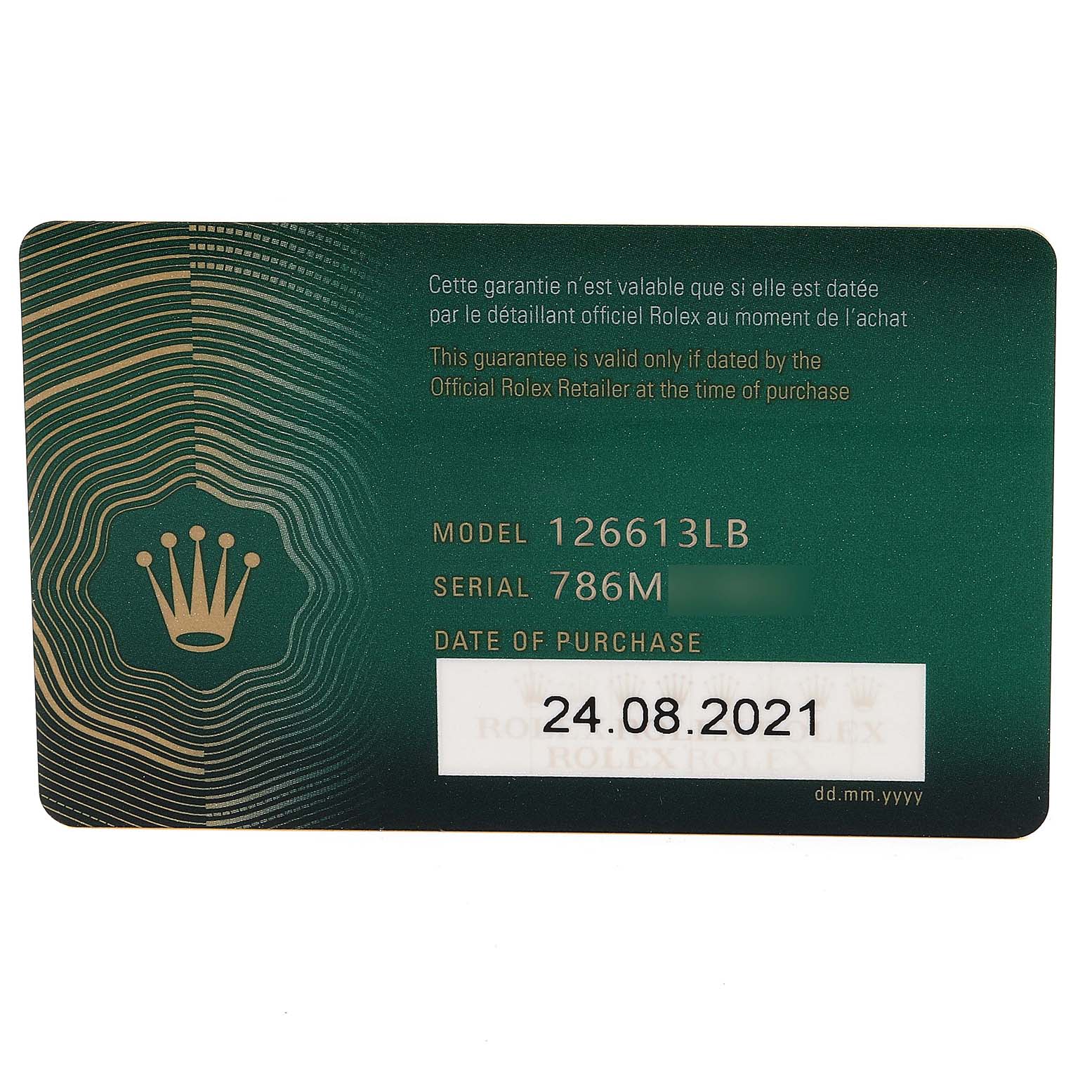 This image shows the warranty card for the Rolex Submariner 126613 Men's Steel and Gold (two tone) Blue Dial 126613 Men's Steel and Gold (two tone) Blue Dial model 126613LB.
