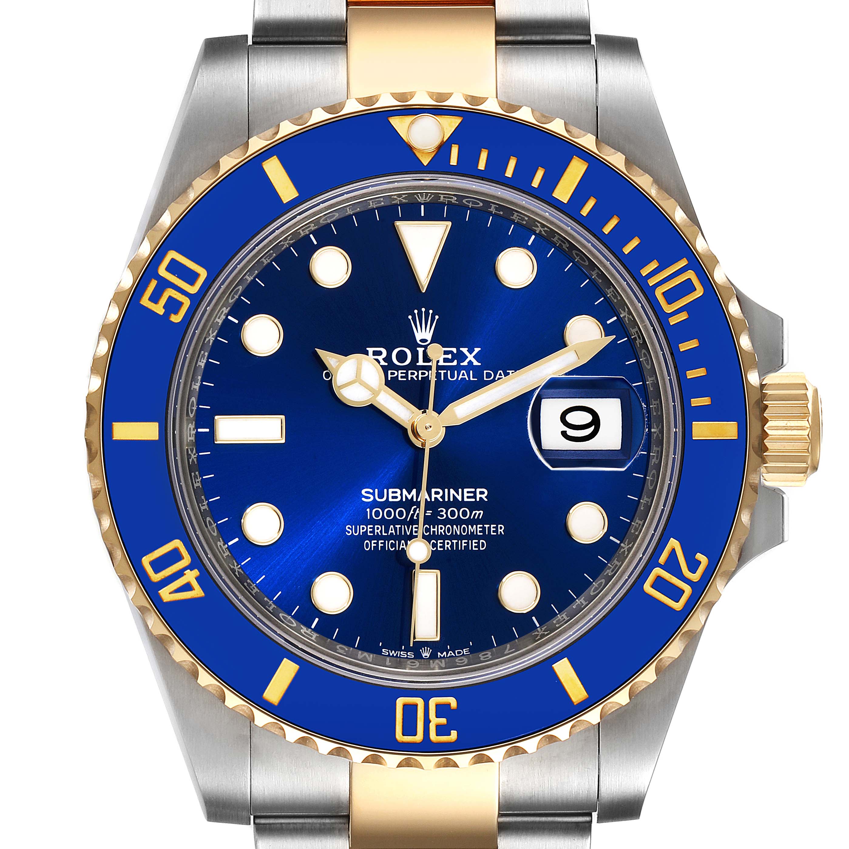This image shows a frontal view of a Rolex Submariner 126613 Men's Steel and Gold (two tone) Blue Dial 126613 Men's Steel and Gold (two tone) Blue Dial watch with a blue dial and bezel, gold accents, and a date display.