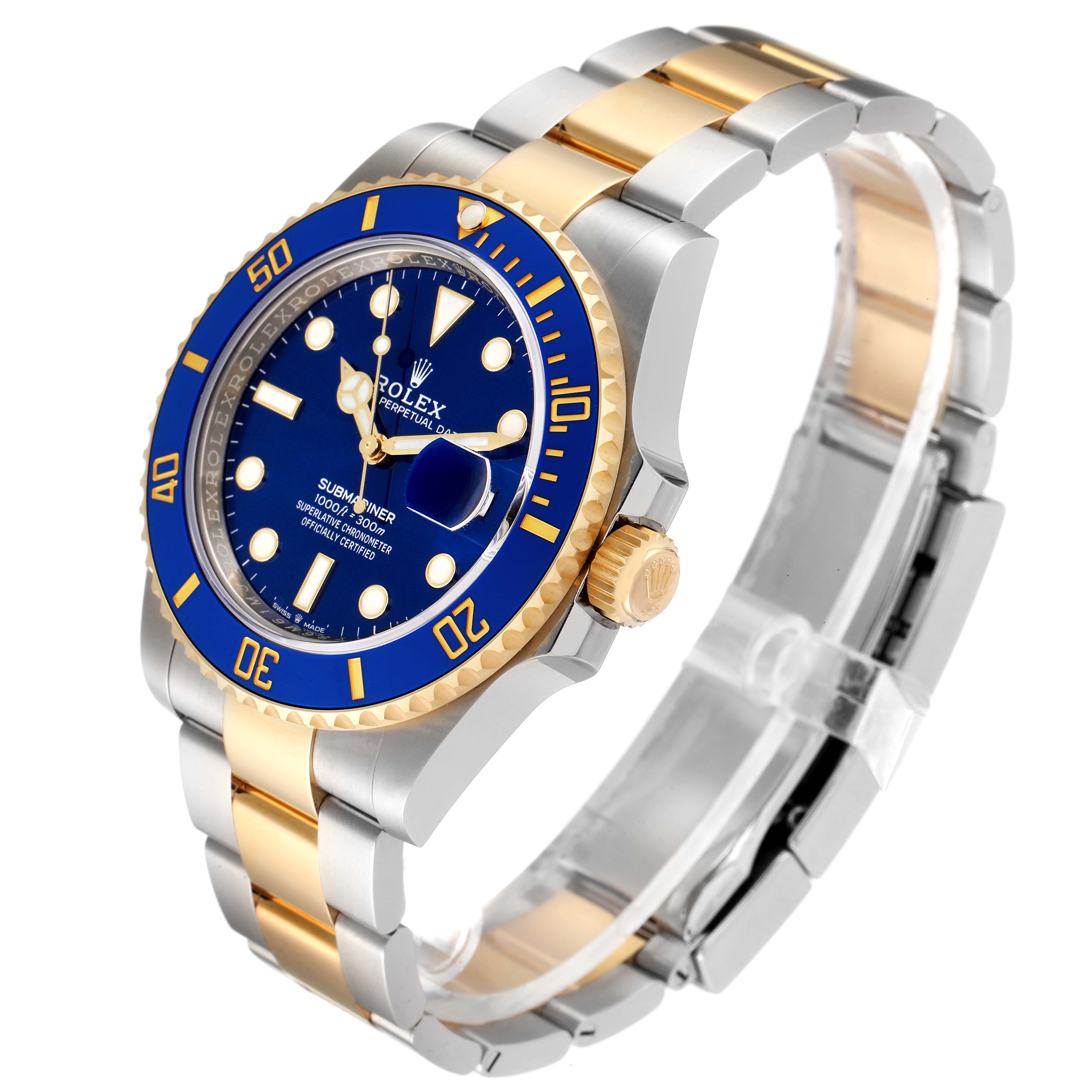 The image shows a Rolex Submariner 126613 Men's Steel and Gold (two tone) Blue Dial 126613 Men's Steel and Gold (two tone) Blue Dial watch at a three-quarter angle, highlighting the blue bezel, gold accents, and metal band.