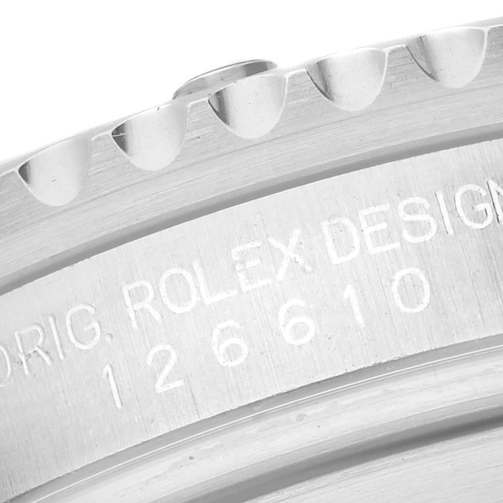 This image shows the side view of the bezel and case of a Rolex Submariner 126610LN Men's Stainless Steel Black Dial 126610LN Men's Stainless Steel Black Dial watch, displaying its model number engraving.