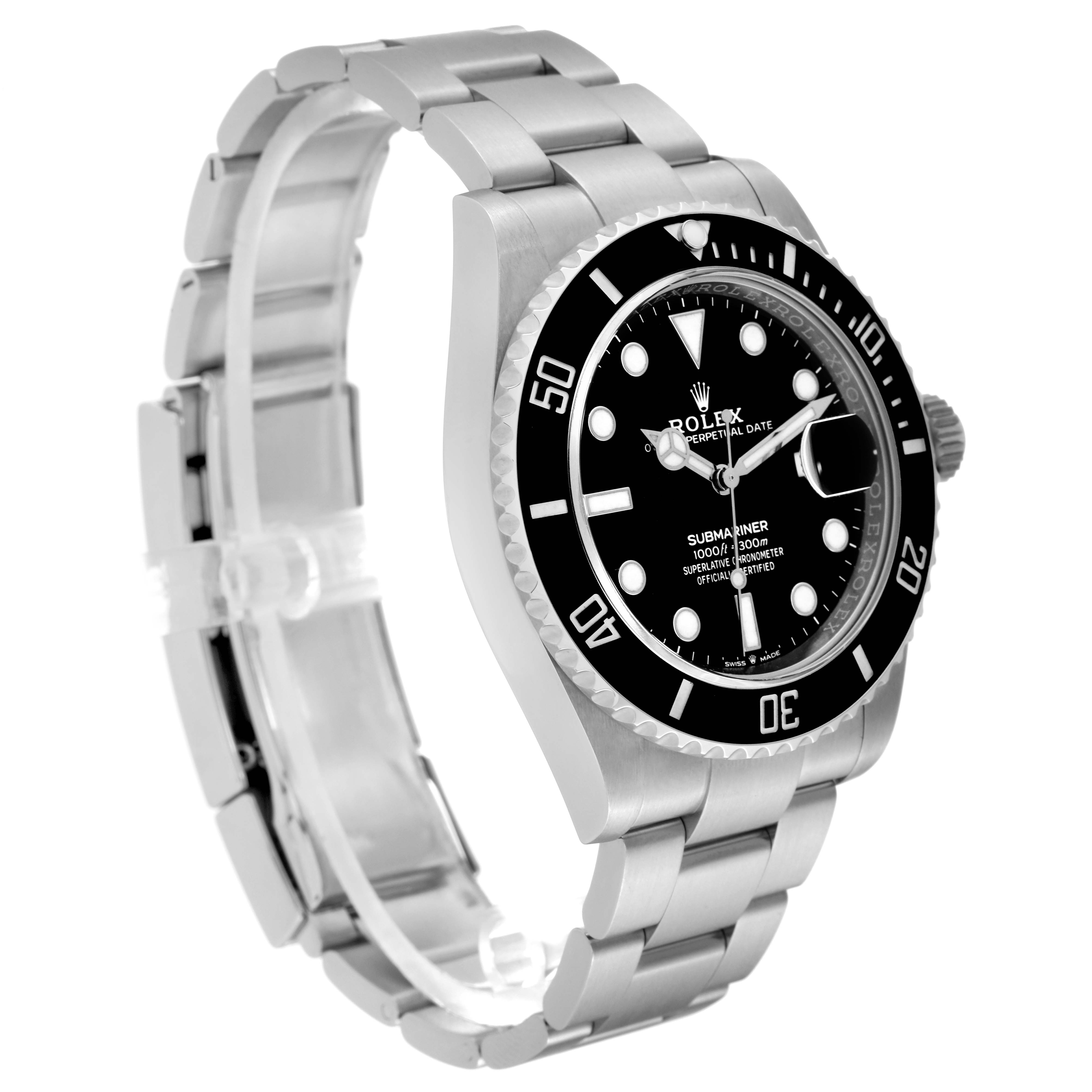 This image shows a front angled view of a Rolex Submariner 126610LN Men's Stainless Steel Black Dial 126610LN Men's Stainless Steel Black Dial watch, highlighting the bracelet, bezel, and dial.