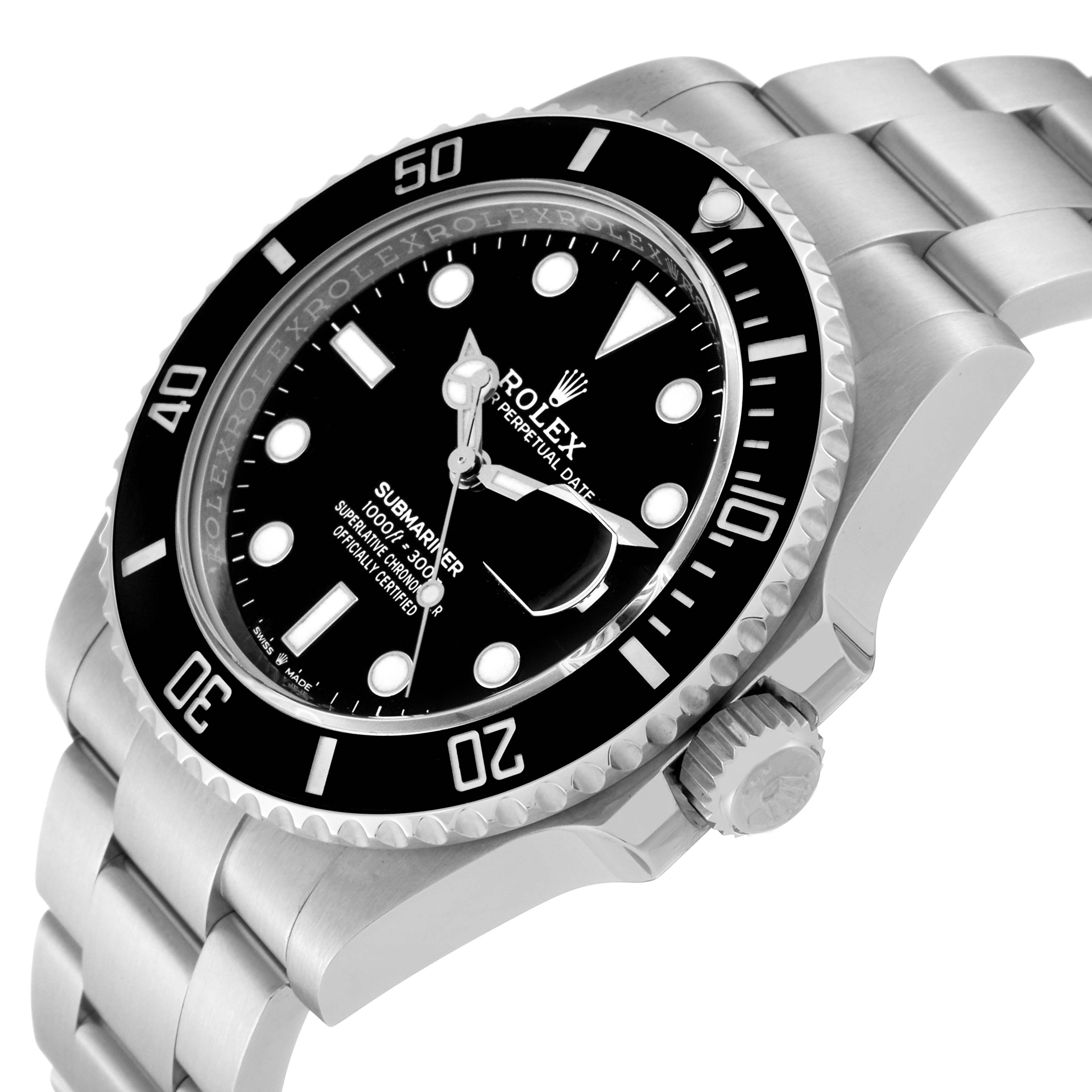 The Rolex Submariner 126610LN Men's Stainless Steel Black Dial 126610LN Men's Stainless Steel Black Dial watch is shown at an angle displaying the dial, bezel, crown, and part of the bracelet.