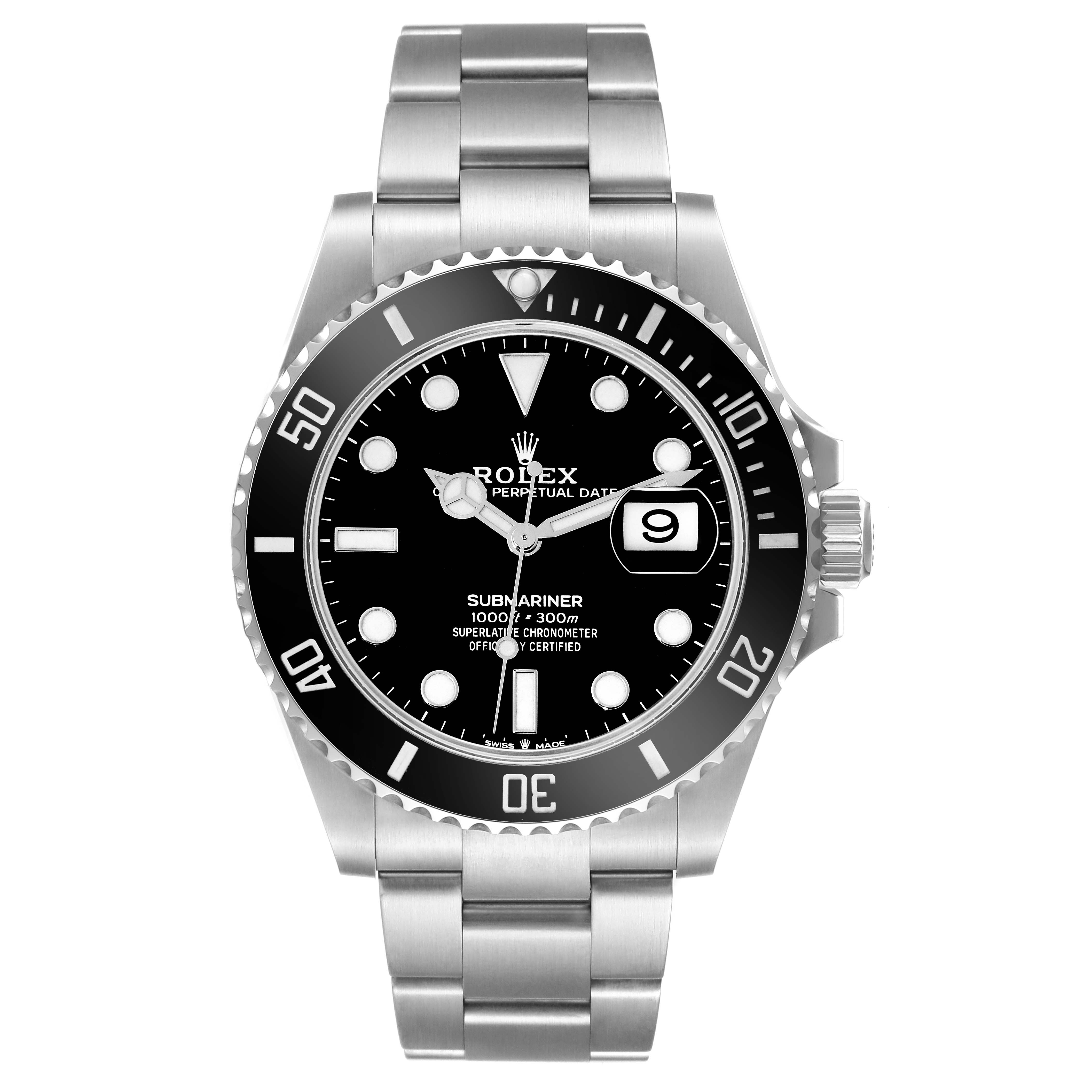 The image shows a front view of the Rolex Submariner 126610LN Men's Stainless Steel Black Dial 126610LN Men's Stainless Steel Black Dial watch, displaying the dial, bezel, bracelet, and crown.
