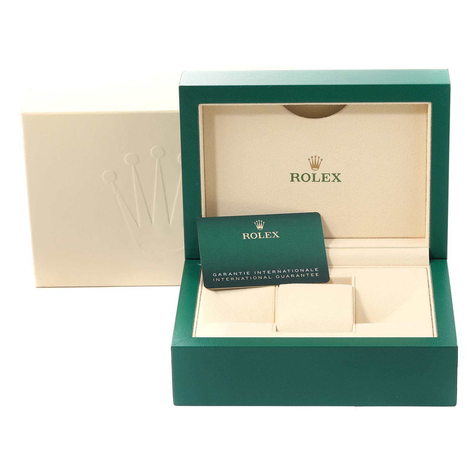 The image shows the open Rolex Submariner 126610LN Men's Stainless Steel Black Dial 126610LN Men's Stainless Steel Black Dial watch box and its international guarantee card.