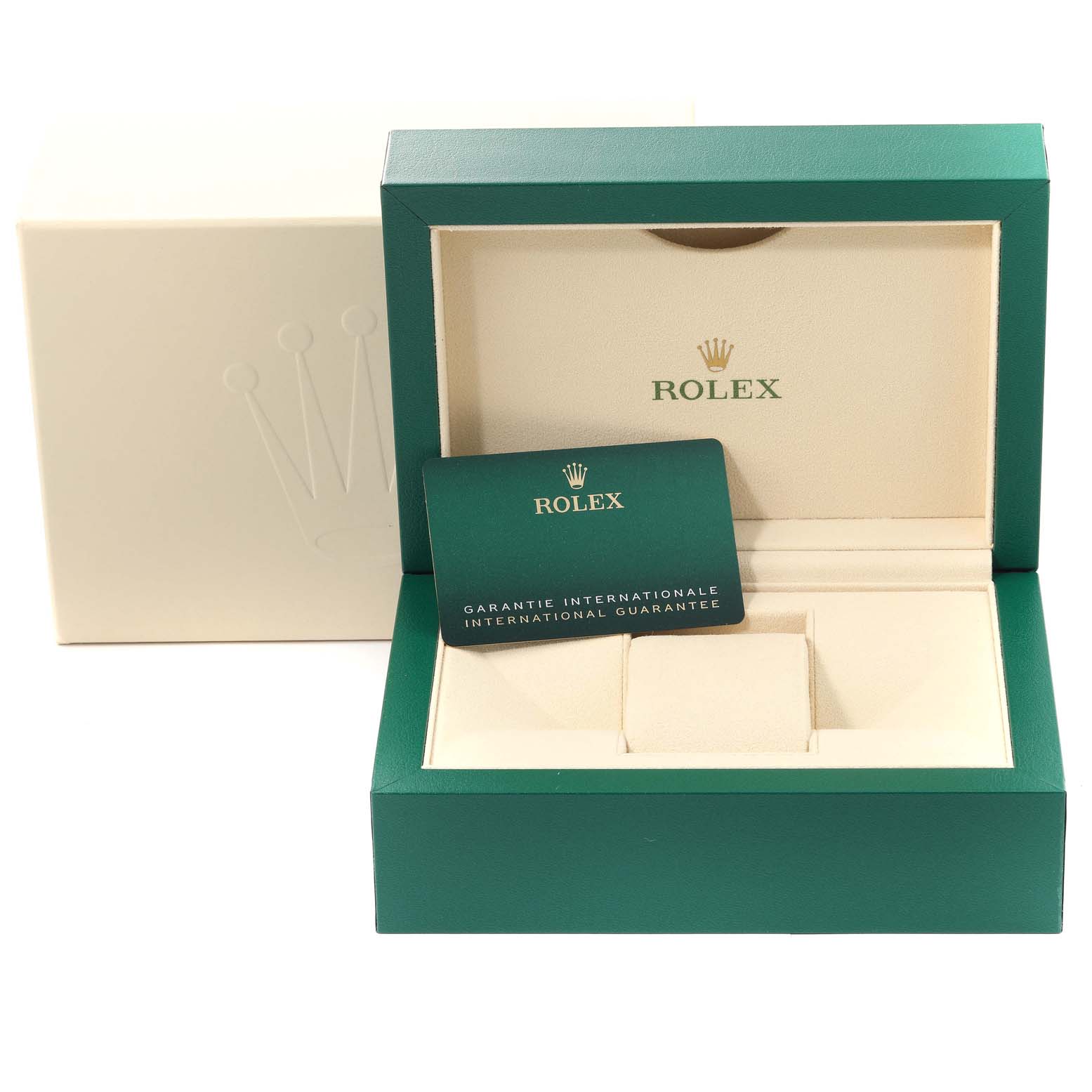 The image shows an open green and cream box for a Rolex Submariner 126610LN Men
s Stainless Steel Black Dial 126610LN Men
s Stainless Steel Black Dial with the international guarantee card.