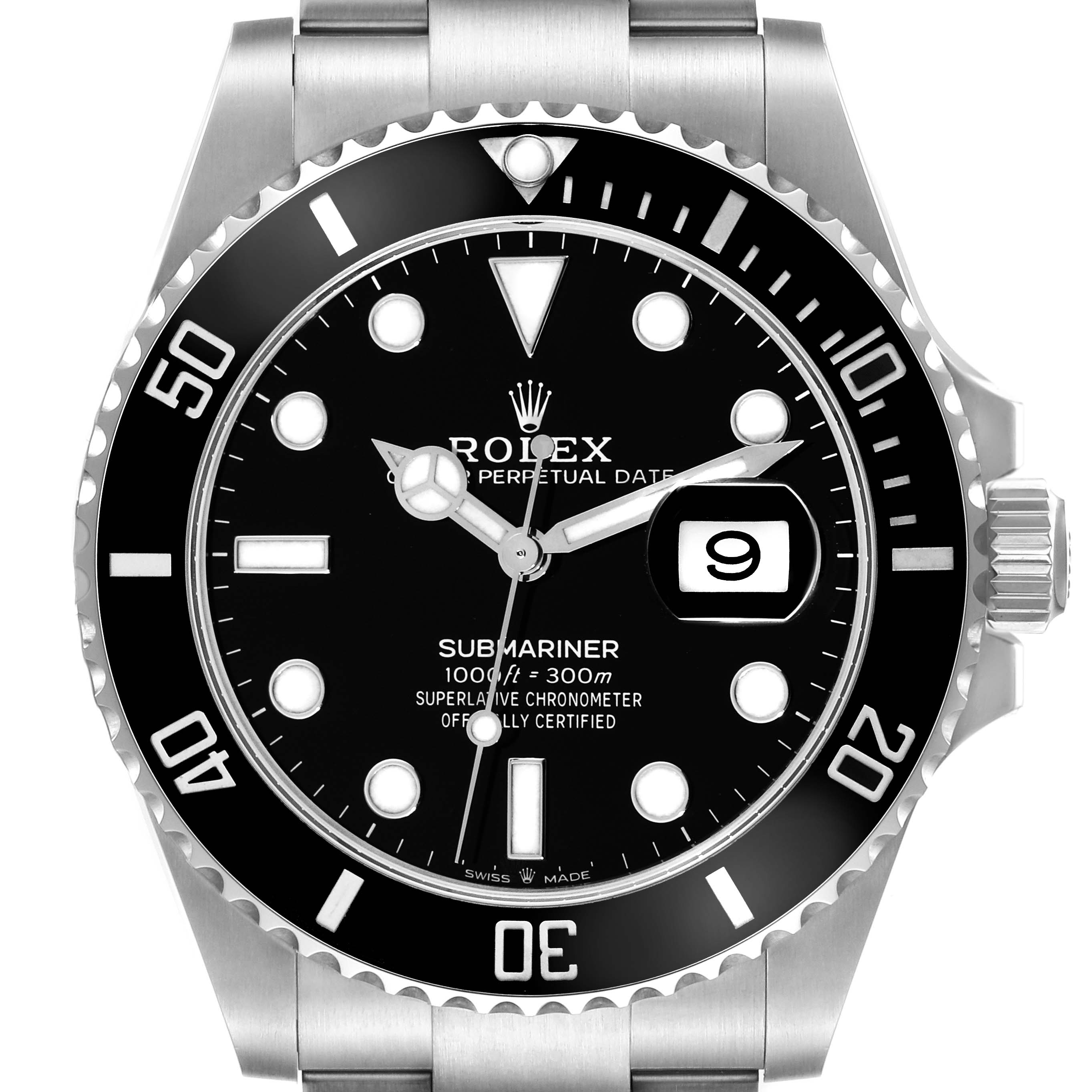 The image shows a front view of a Rolex Submariner 126610LN Men
s Stainless Steel Black Dial 126610LN Men
s Stainless Steel Black Dial watch, highlighting the dial, bezel, crown, and bracelet.