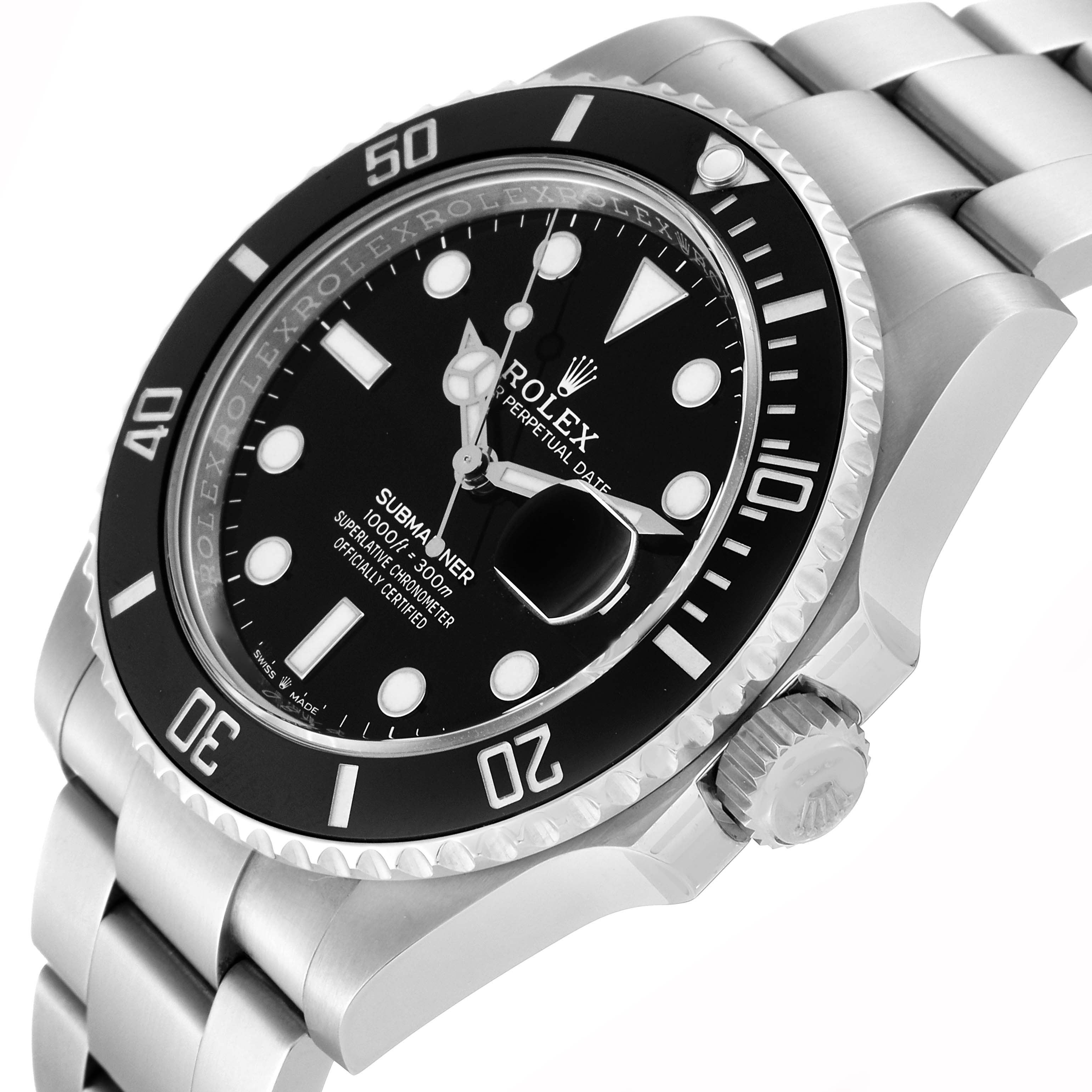 The Rolex Submariner 126610LN Men
s Stainless Steel Black Dial 126610LN Men
s Stainless Steel Black Dial watch is shown from a tilted side angle, displaying the dial, bezel, crown, and part of the bracelet.