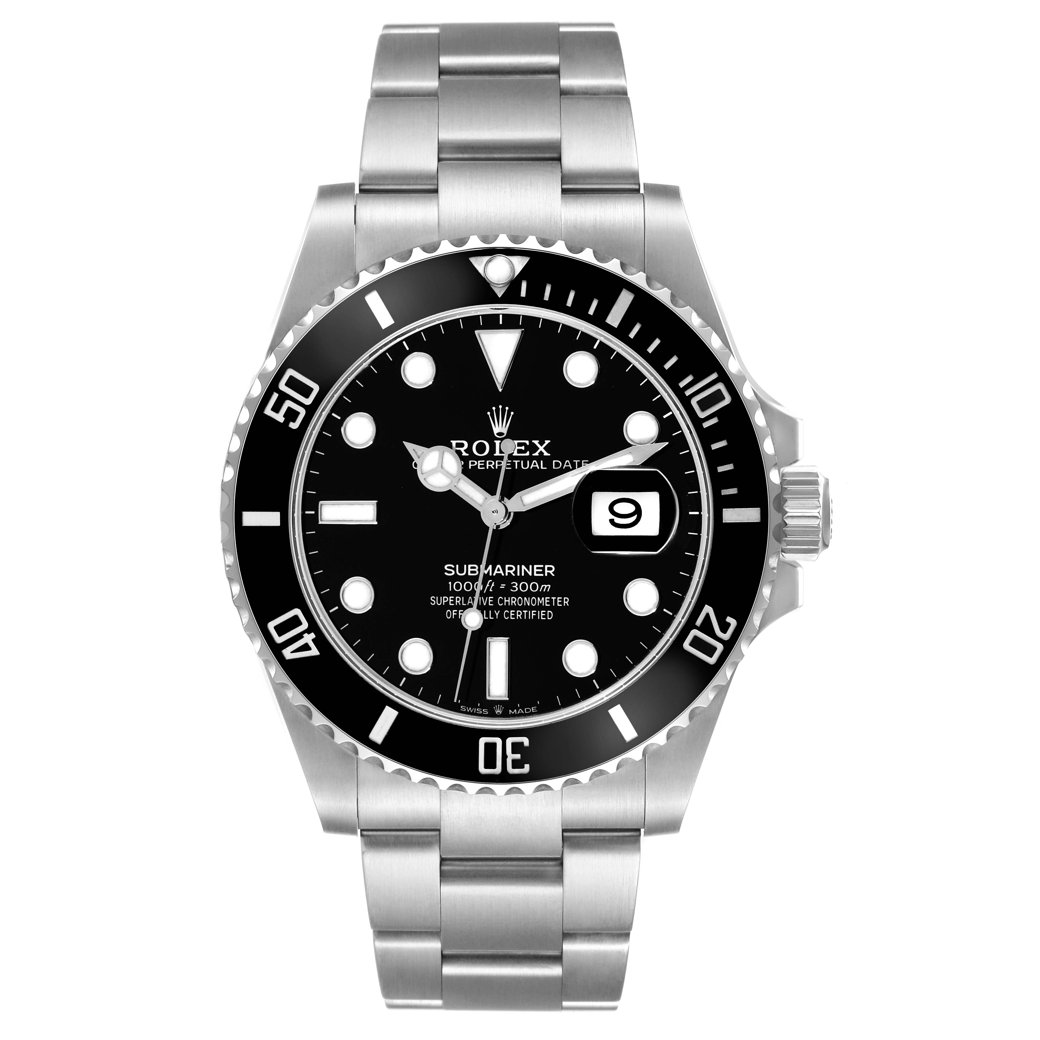 The image shows a front view of a Rolex Submariner 126610LN Men
s Stainless Steel Black Dial 126610LN Men
s Stainless Steel Black Dial watch, displaying its face, bezel, and stainless steel bracelet.