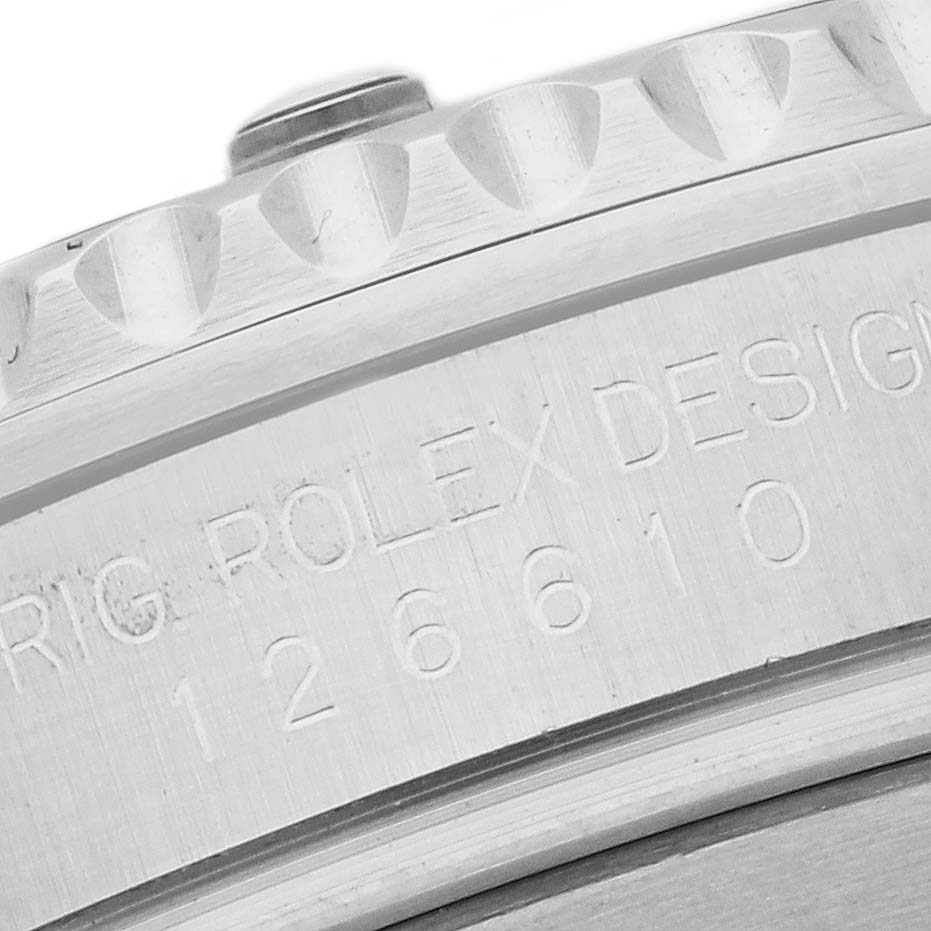 This is a close-up angle of the bezel and side engraving of the Rolex Submariner 126610LN Men
s Stainless Steel Black Dial 126610LN Men
s Stainless Steel Black Dial model 126610.