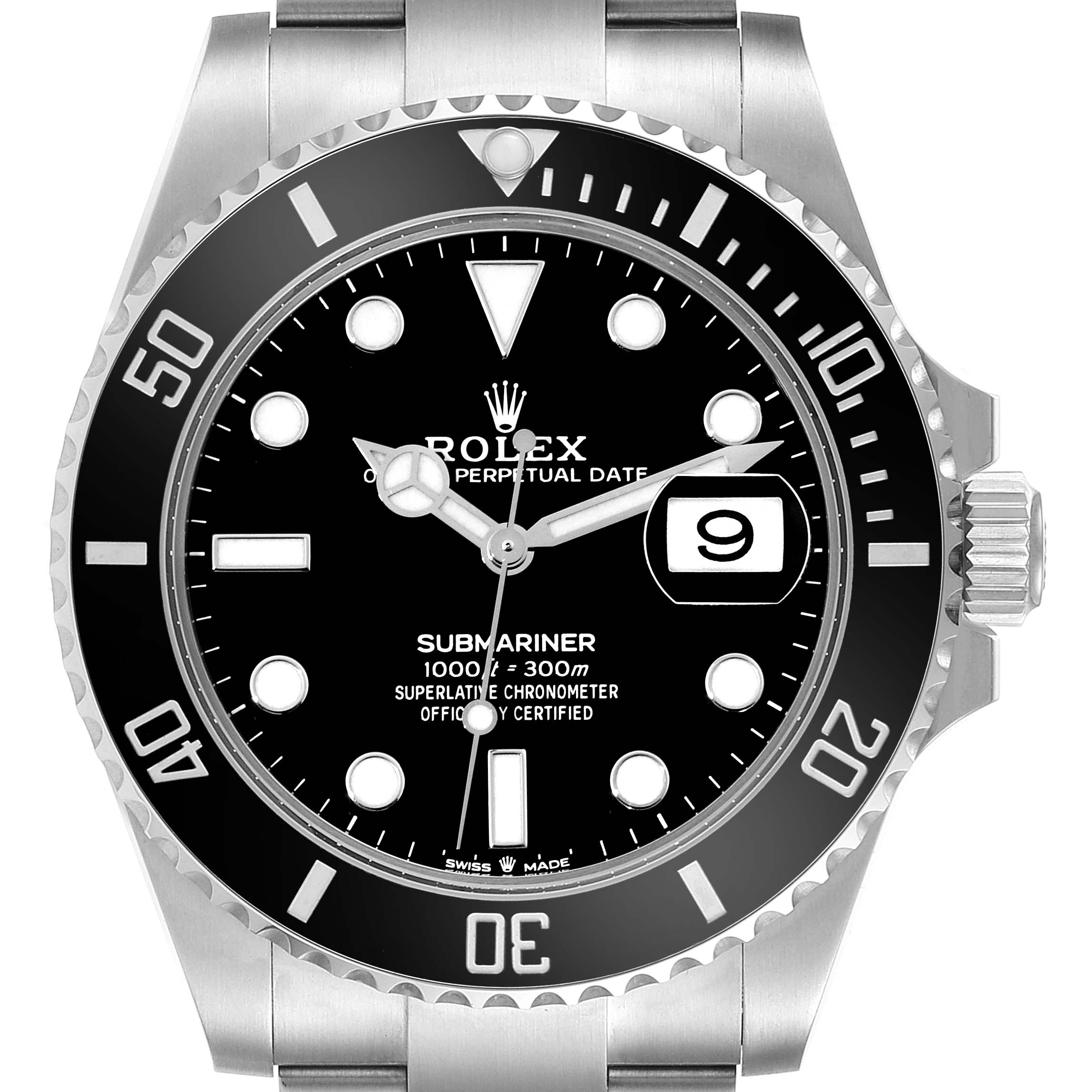 The image shows a front view of the Rolex Submariner 126610LN Men
s Stainless Steel Black Dial 126610LN Men
s Stainless Steel Black Dial watch, highlighting its dial, bezel, and bracelet.