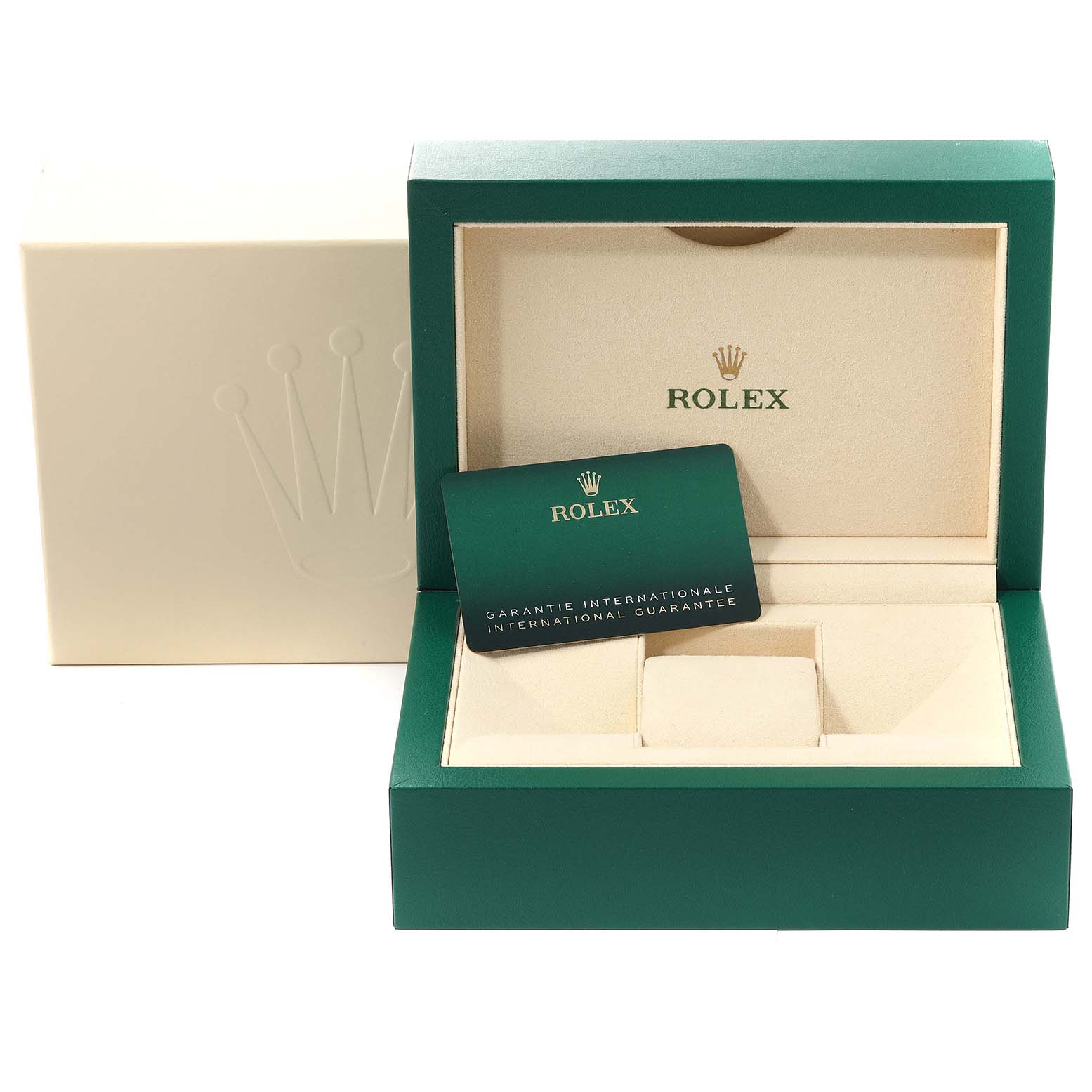 The image shows the packaging and international guarantee card for a Rolex Submariner 126610LN Men
s Stainless Steel Black Dial 126610LN Men
s Stainless Steel Black Dial watch.