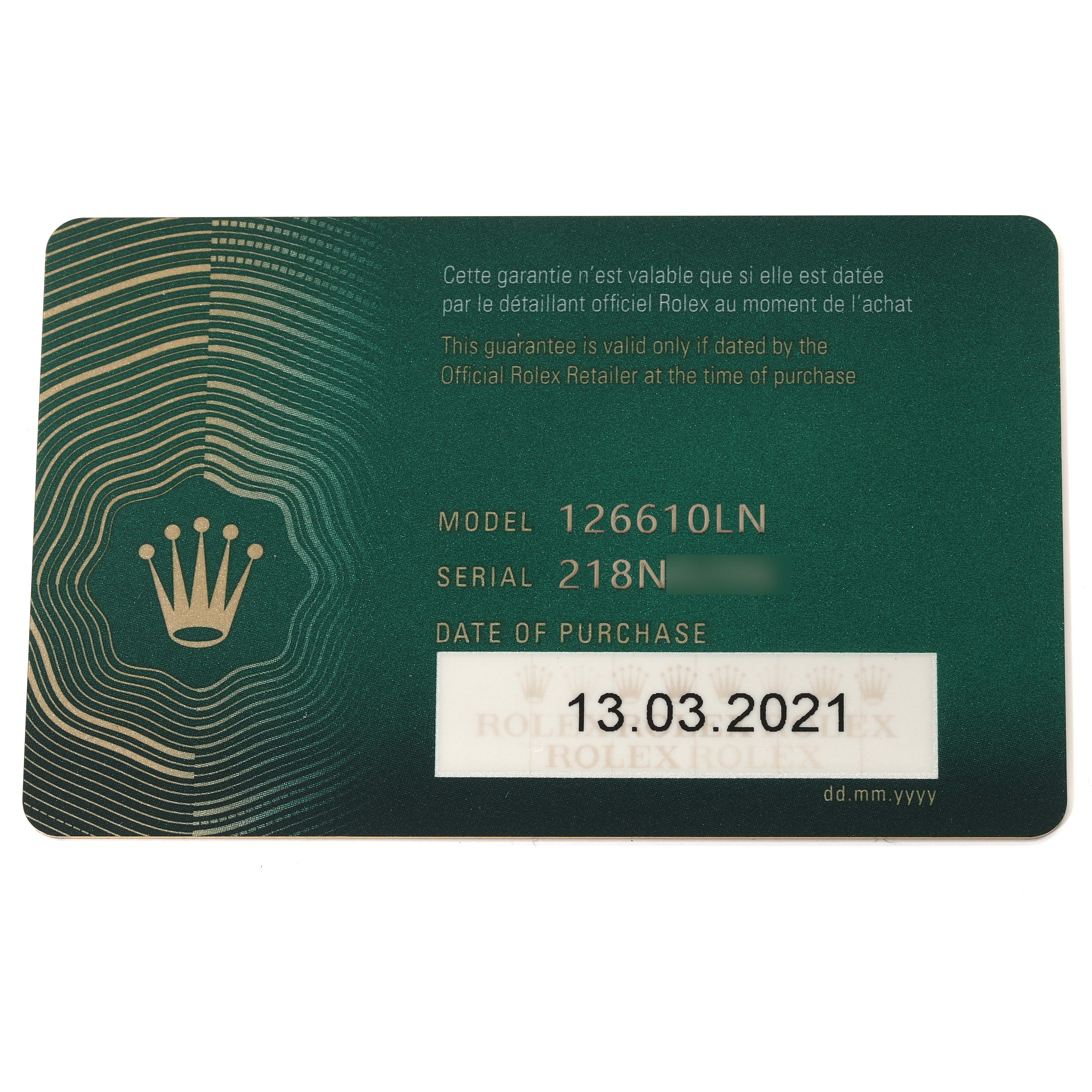 The image shows a warranty card for a Rolex Submariner 126610LN Men
s Stainless Steel Black Dial 126610LN Men
s Stainless Steel Black Dial model 126610LN, dated 13.03.2021.