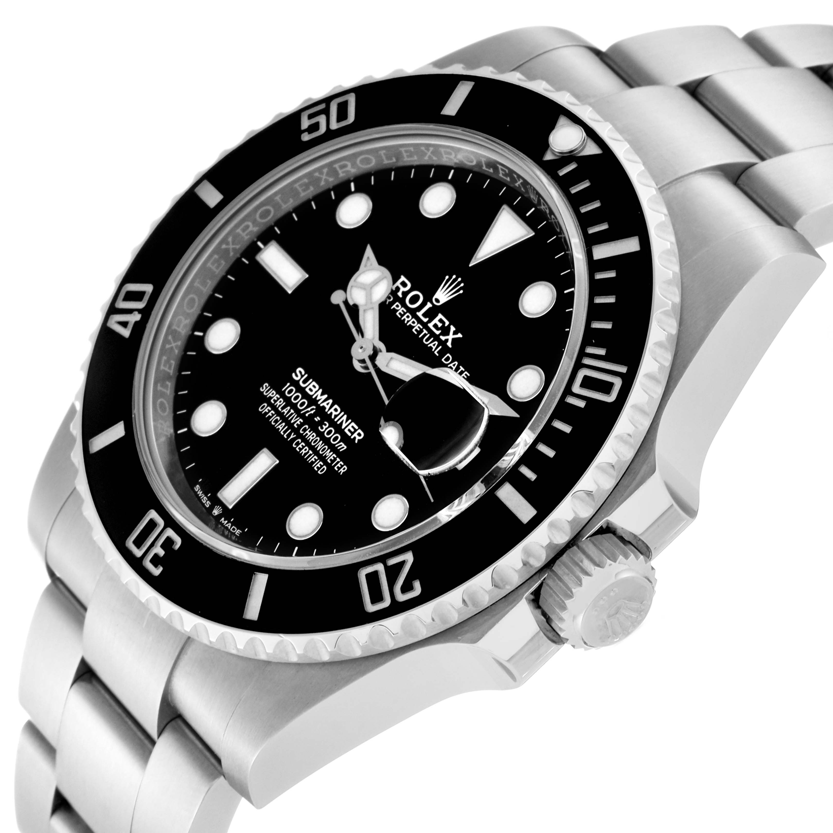 The image shows a close-up angled view of the Rolex Submariner 126610LN Men
s Stainless Steel Black Dial 126610LN Men
s Stainless Steel Black Dial watch, displaying its bezel, crown, bracelet, and dial.
