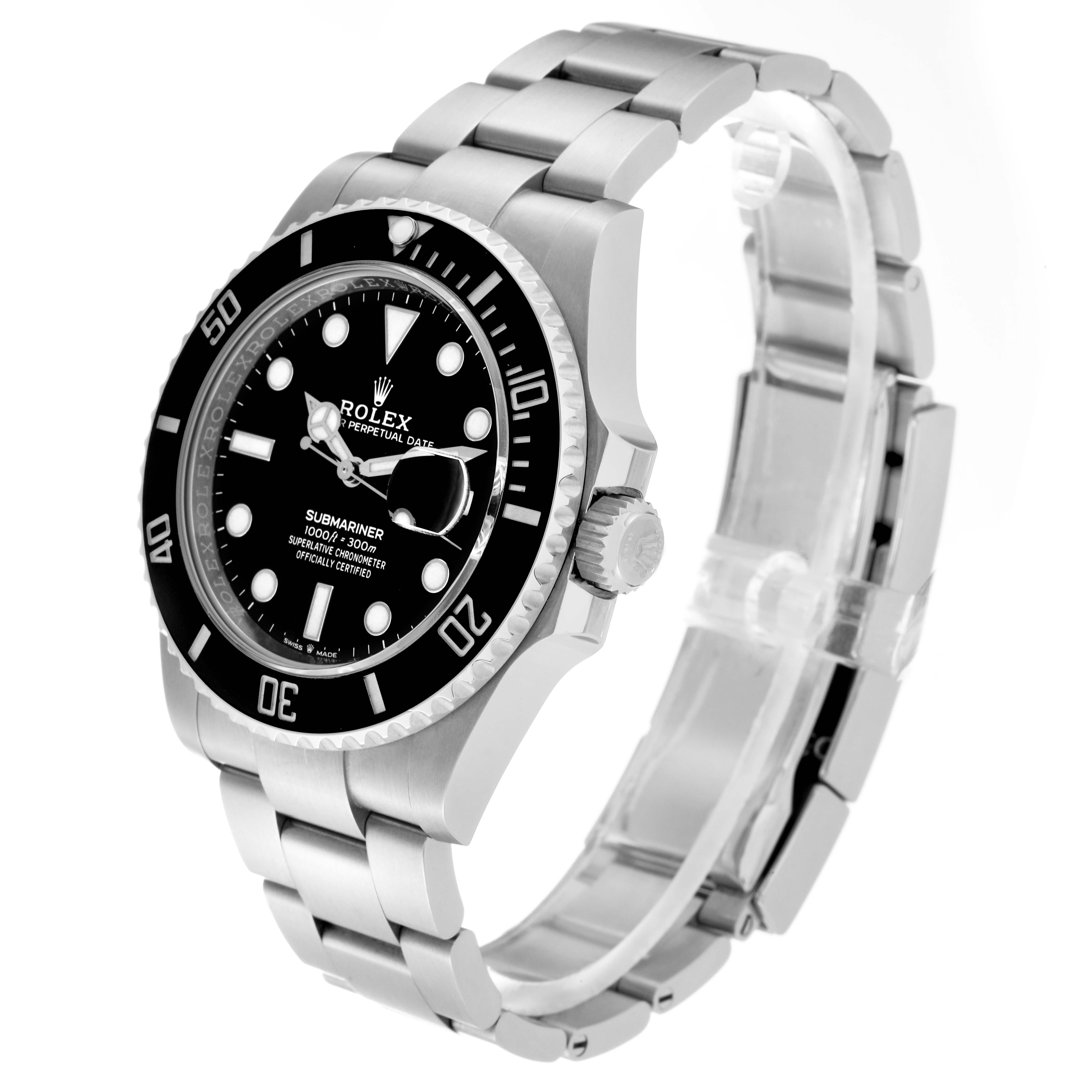 This image shows a side angle of a Rolex Submariner 126610LN Men
s Stainless Steel Black Dial 126610LN Men
s Stainless Steel Black Dial watch, highlighting its bezel, dial, crown, and bracelet.