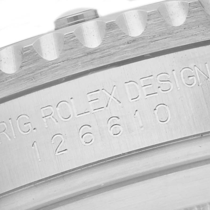 The image shows a close-up of the engraved model number and design details on the side of a Rolex Submariner 126610LN Men
s Stainless Steel Black Dial 126610LN Men
s Stainless Steel Black Dial watch case.