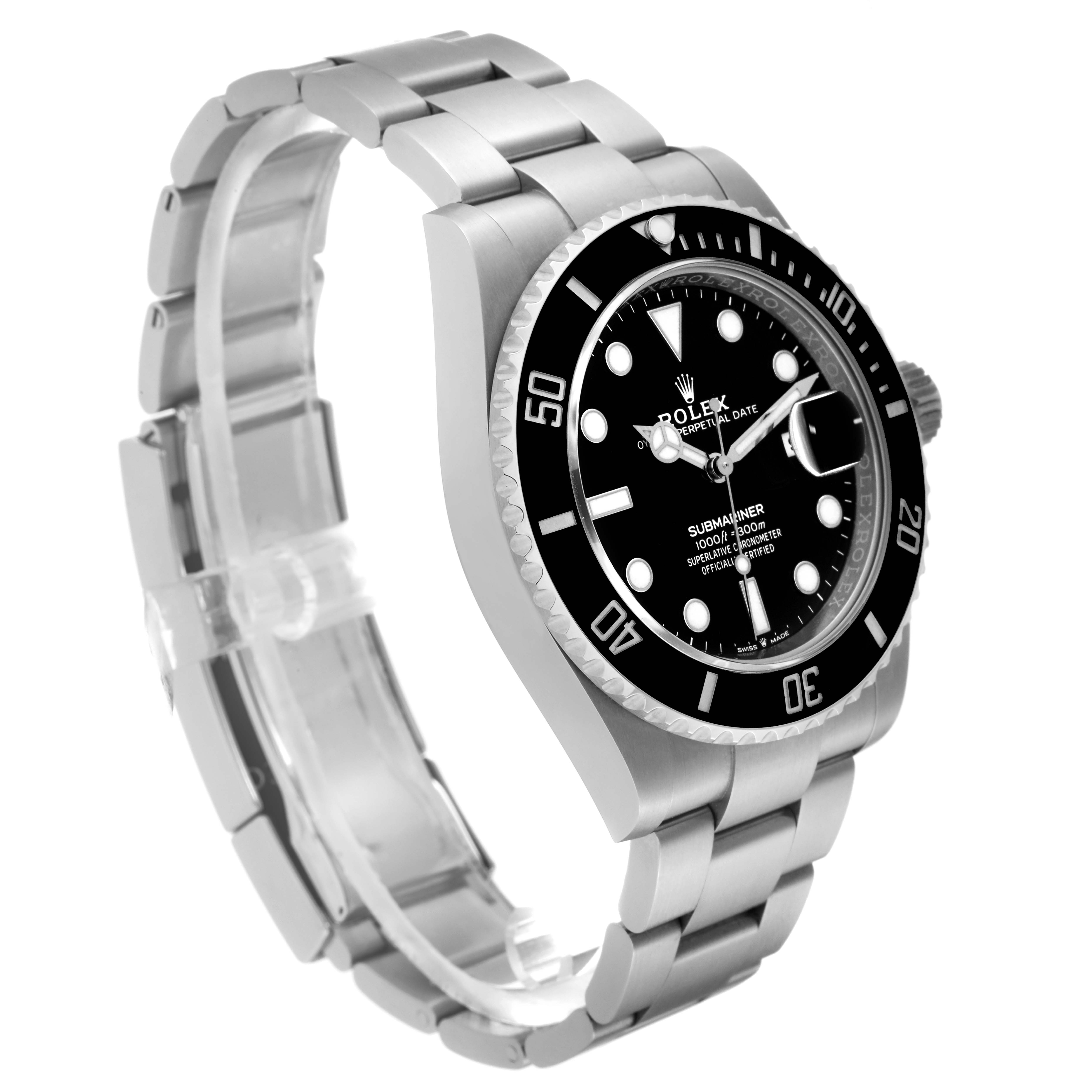 The Rolex Submariner 126610LN Men
s Stainless Steel Black Dial 126610LN Men
s Stainless Steel Black Dial watch is shown at an angle displaying the face, bezel, crown, and bracelet.