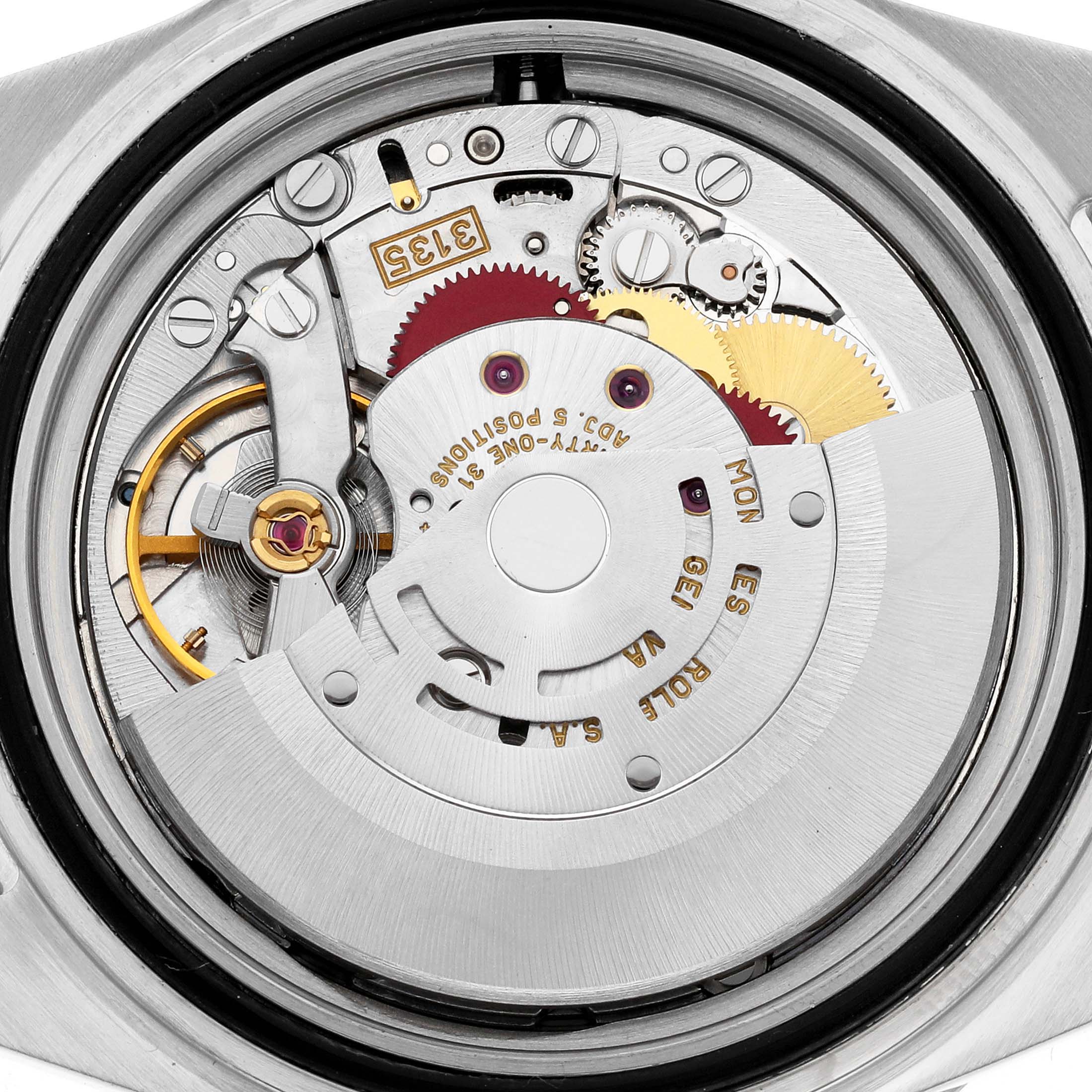 The image shows the intricate movement and internal parts of a Rolex Submariner 16613 Men's Steel and Gold (two tone) Blue Dial 16613 Men's Steel and Gold (two tone) Blue Dial watch from a close-up, rear angle.