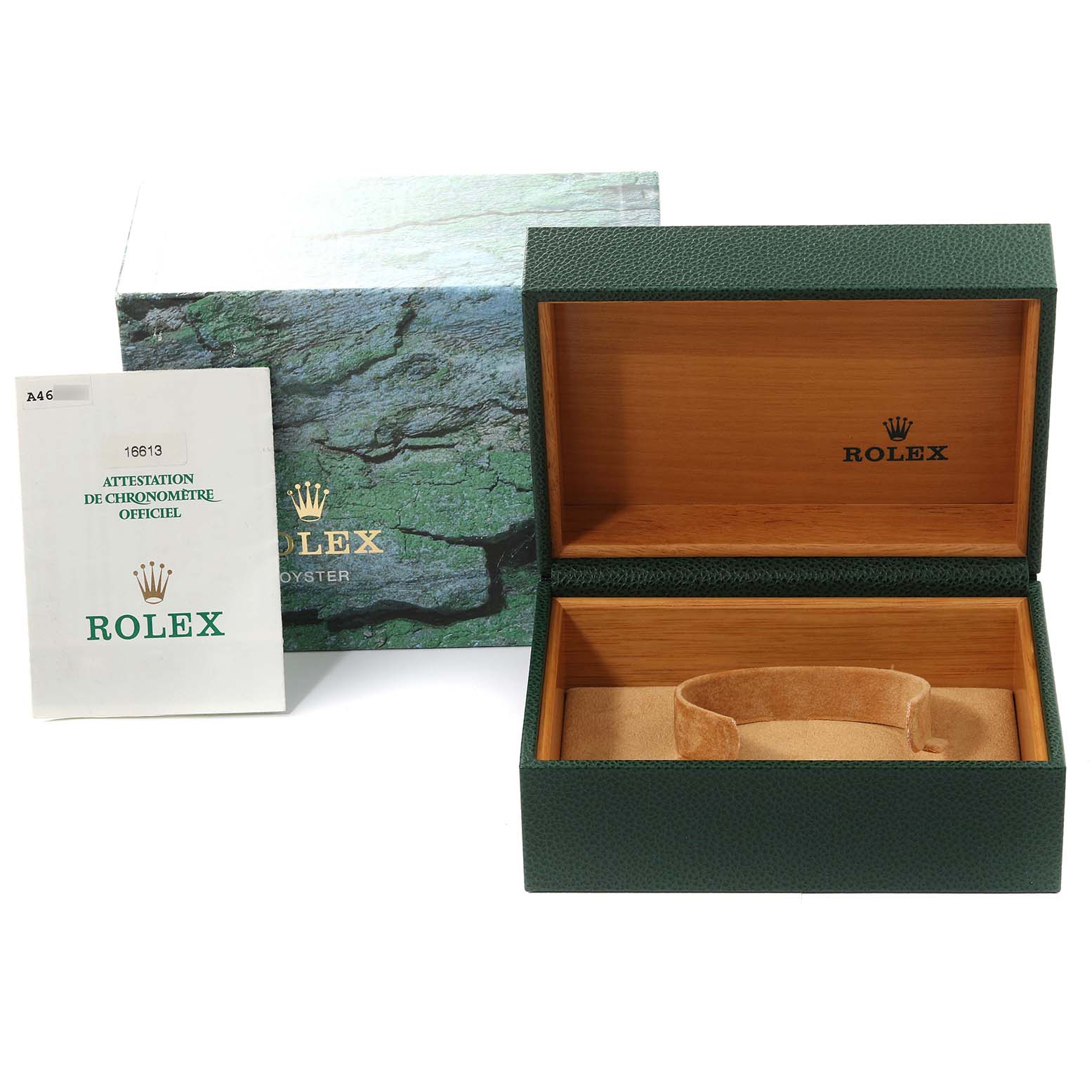 This image shows the open watch box and manual for a Rolex Submariner 16613 Men's Steel and Gold (two tone) Blue Dial 16613 Men's Steel and Gold (two tone) Blue Dial model, viewed from the front.