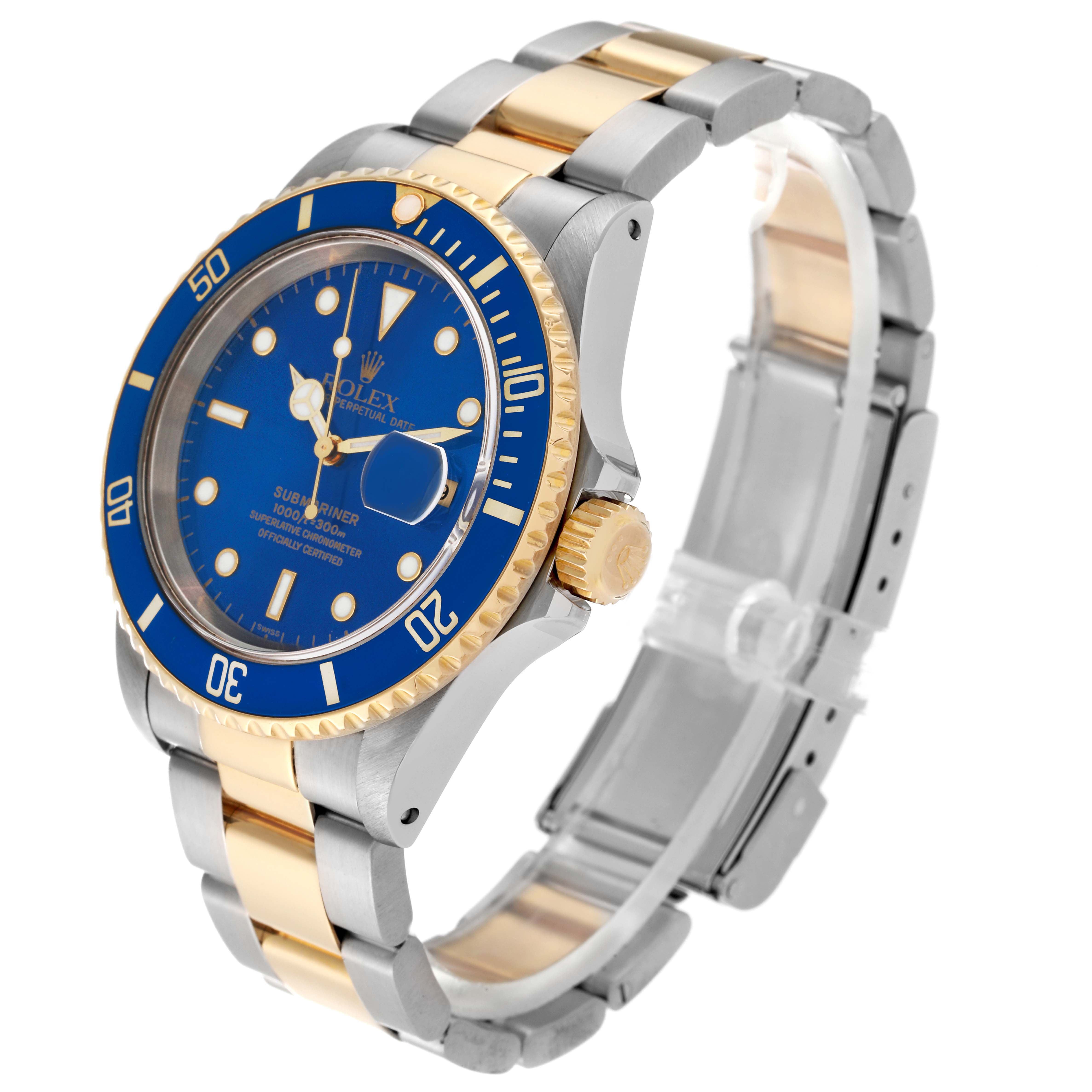 The image shows a side-angle view of a Rolex Submariner 16613 Men's Steel and Gold (two tone) Blue Dial 16613 Men's Steel and Gold (two tone) Blue Dial, highlighting its blue dial, bezel, and two-tone bracelet.