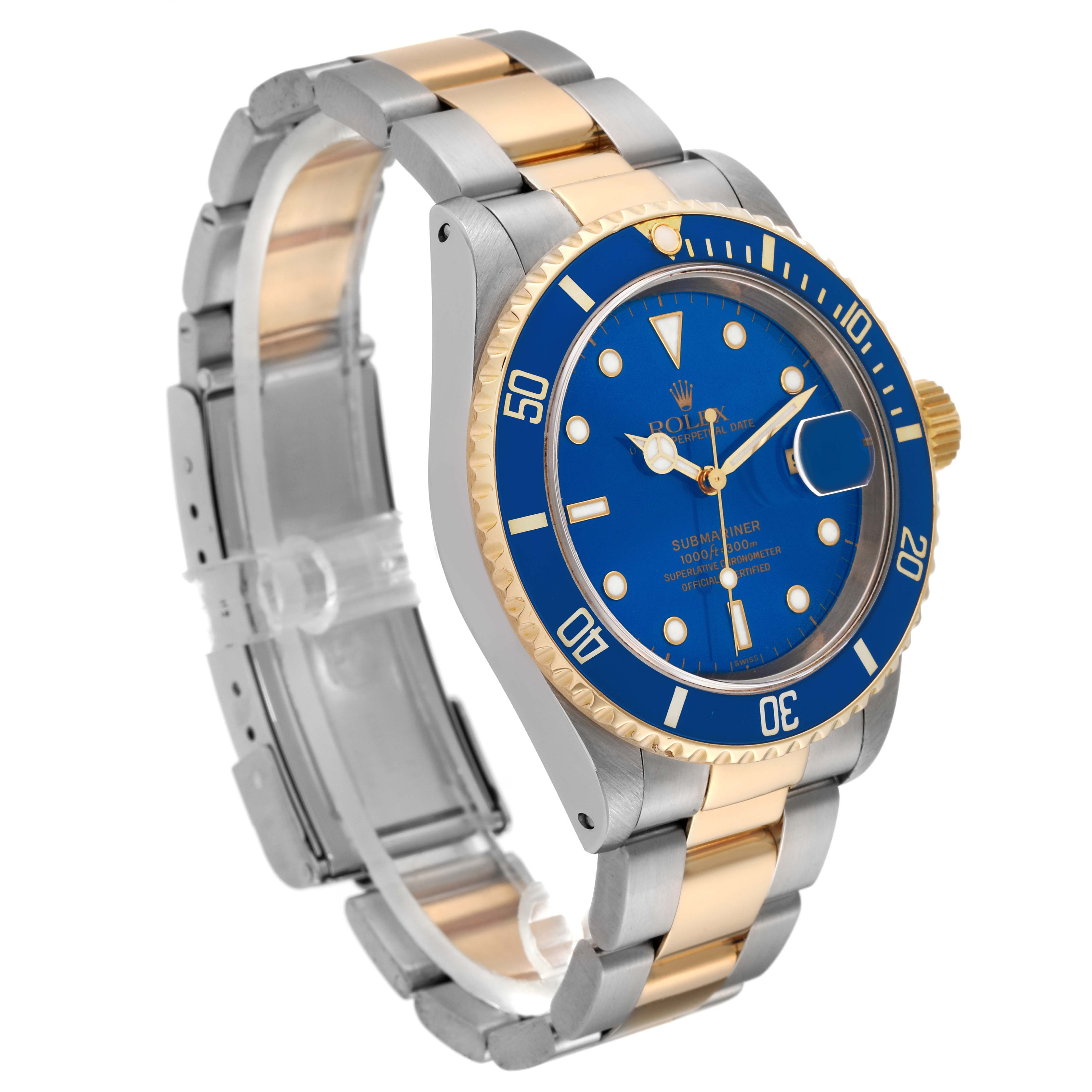 The image shows a Rolex Submariner 16613 Men's Steel and Gold (two tone) Blue Dial 16613 Men's Steel and Gold (two tone) Blue Dial watch angled to display the dial, bezel, and part of the bracelet.