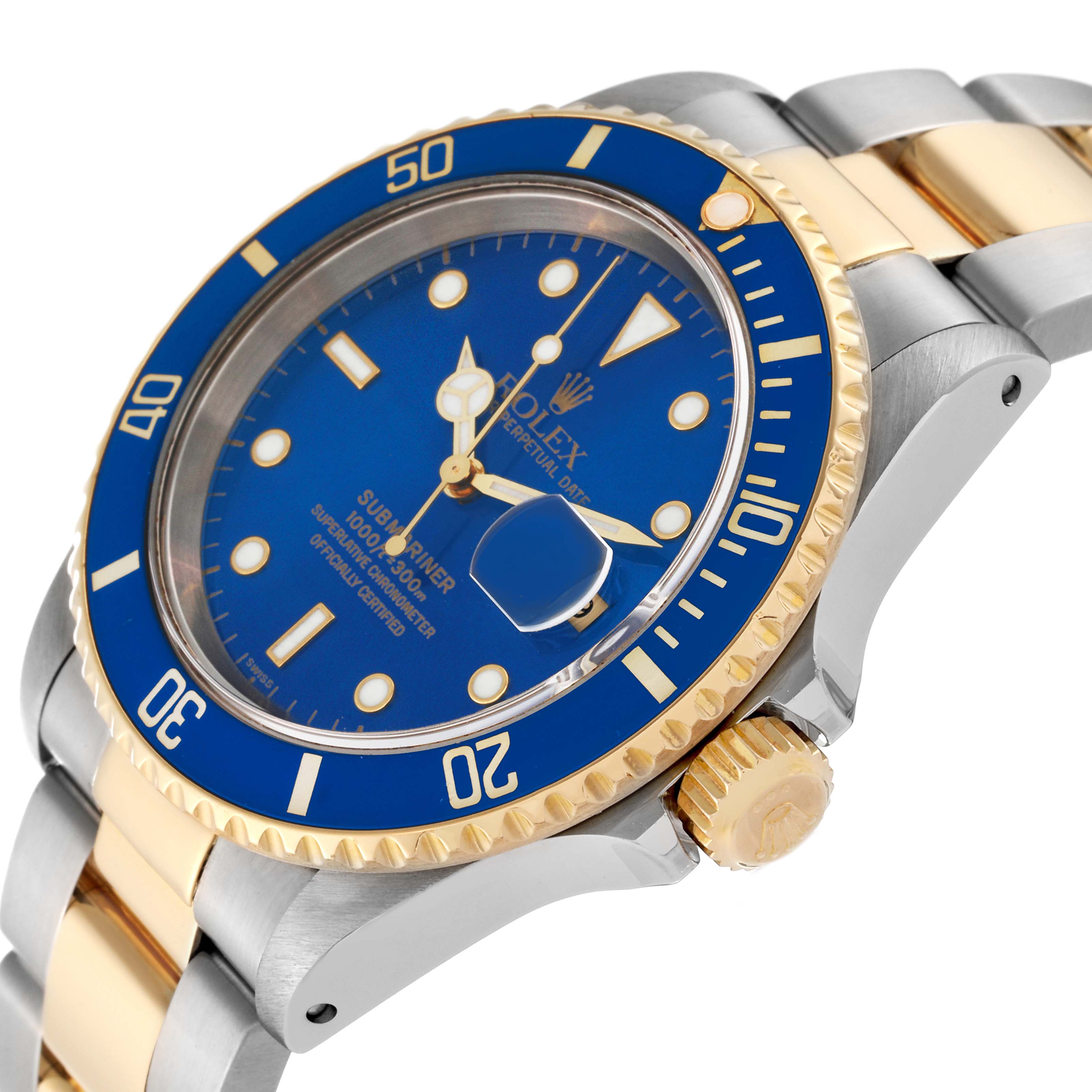 This image shows a side angle of a Rolex Submariner 16613 Men's Steel and Gold (two tone) Blue Dial 16613 Men's Steel and Gold (two tone) Blue Dial watch, highlighting its blue dial, bezel, and two-tone metal bracelet.
