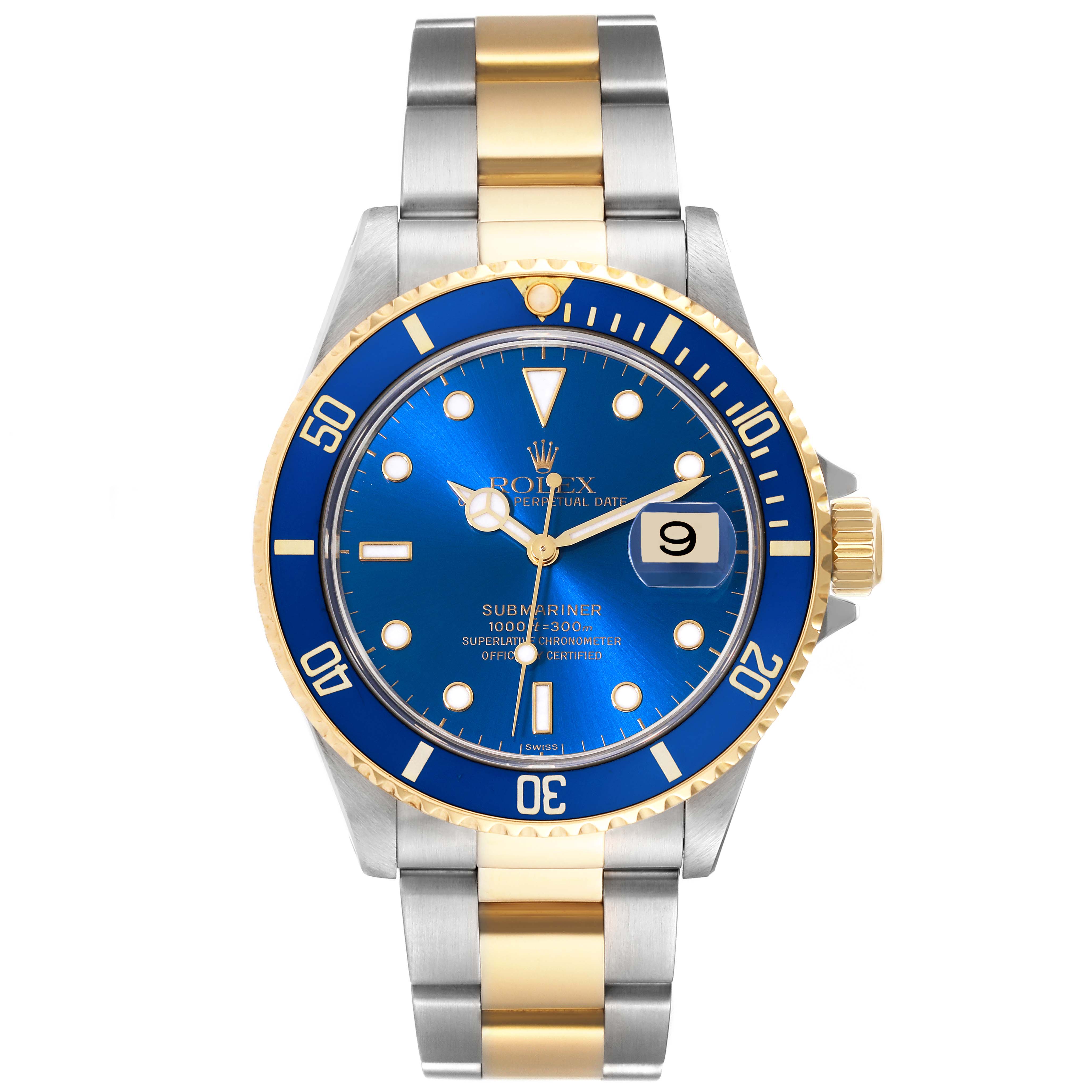 The image shows a front view of a Rolex Submariner 16613 Men's Steel and Gold (two tone) Blue Dial 16613 Men's Steel and Gold (two tone) Blue Dial watch with a blue dial and a two-tone metal bracelet.