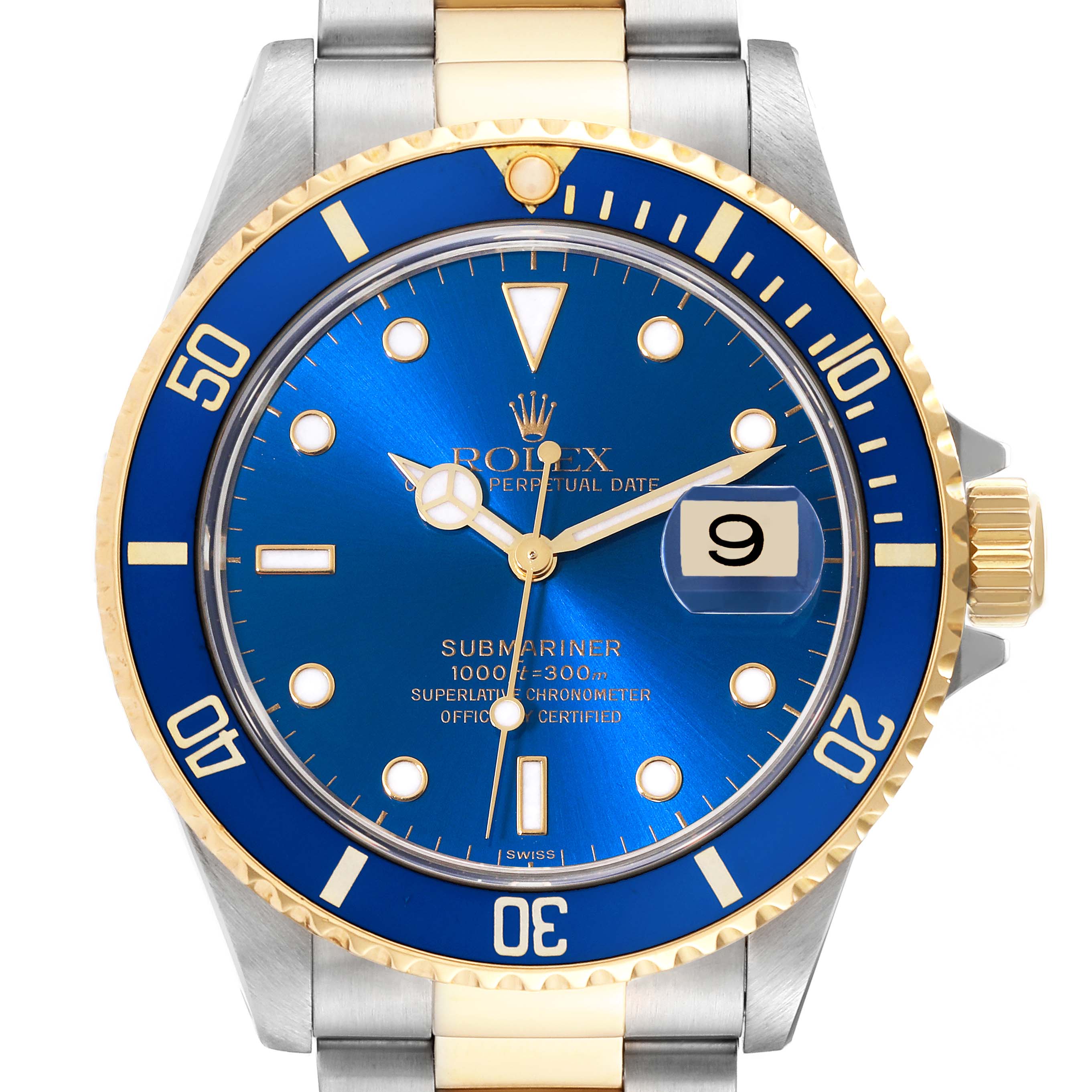 This image shows a Rolex Submariner 16613 Men's Steel and Gold (two tone) Blue Dial 16613 Men's Steel and Gold (two tone) Blue Dial watch from a front angle, displaying the blue dial, bezel, hands, date window, and part of the bracelet.