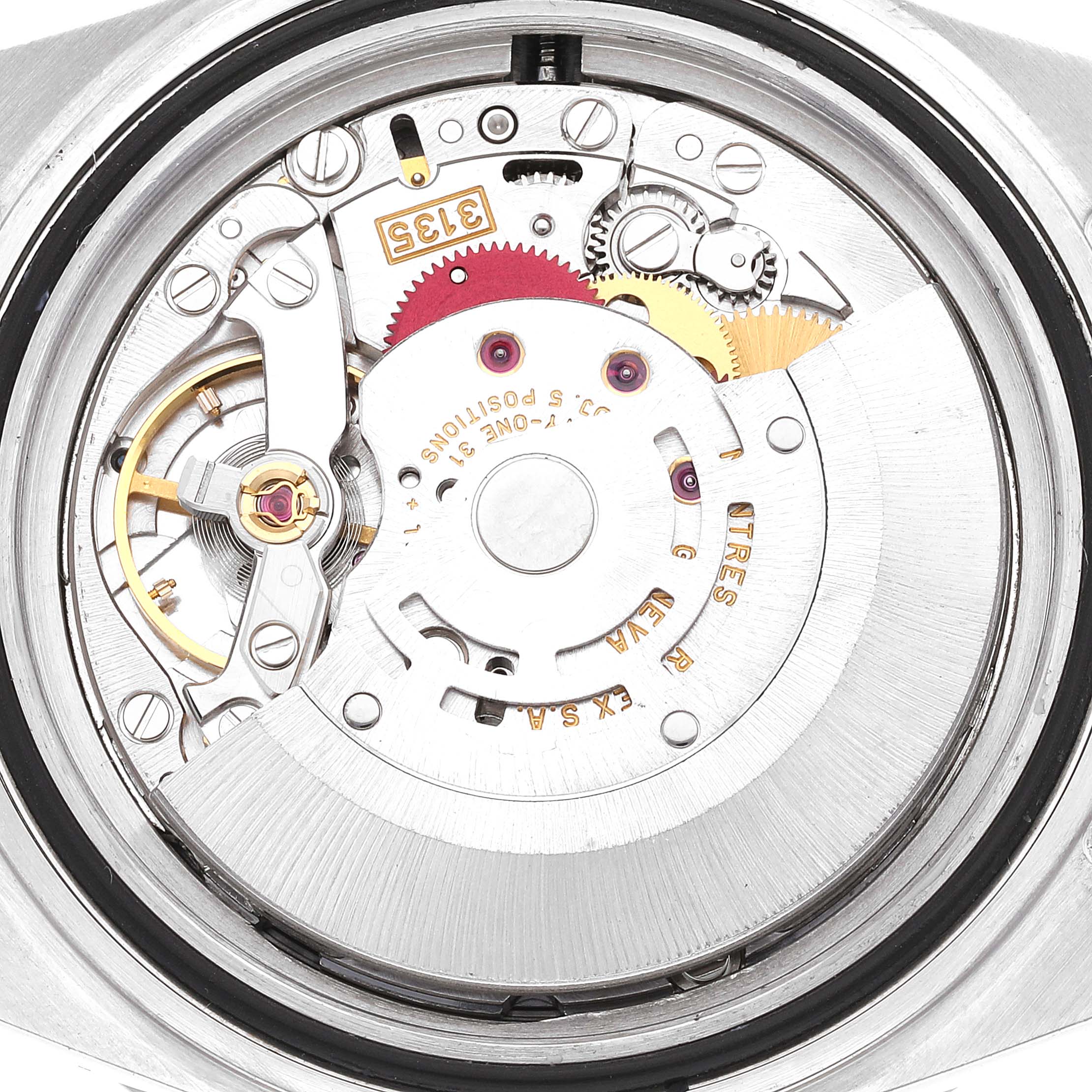 This image shows the internal movement mechanism of a Rolex Submariner 16610 Men
s Stainless Steel Black Dial 16610 Men
s Stainless Steel Black Dial watch, viewed from the back.